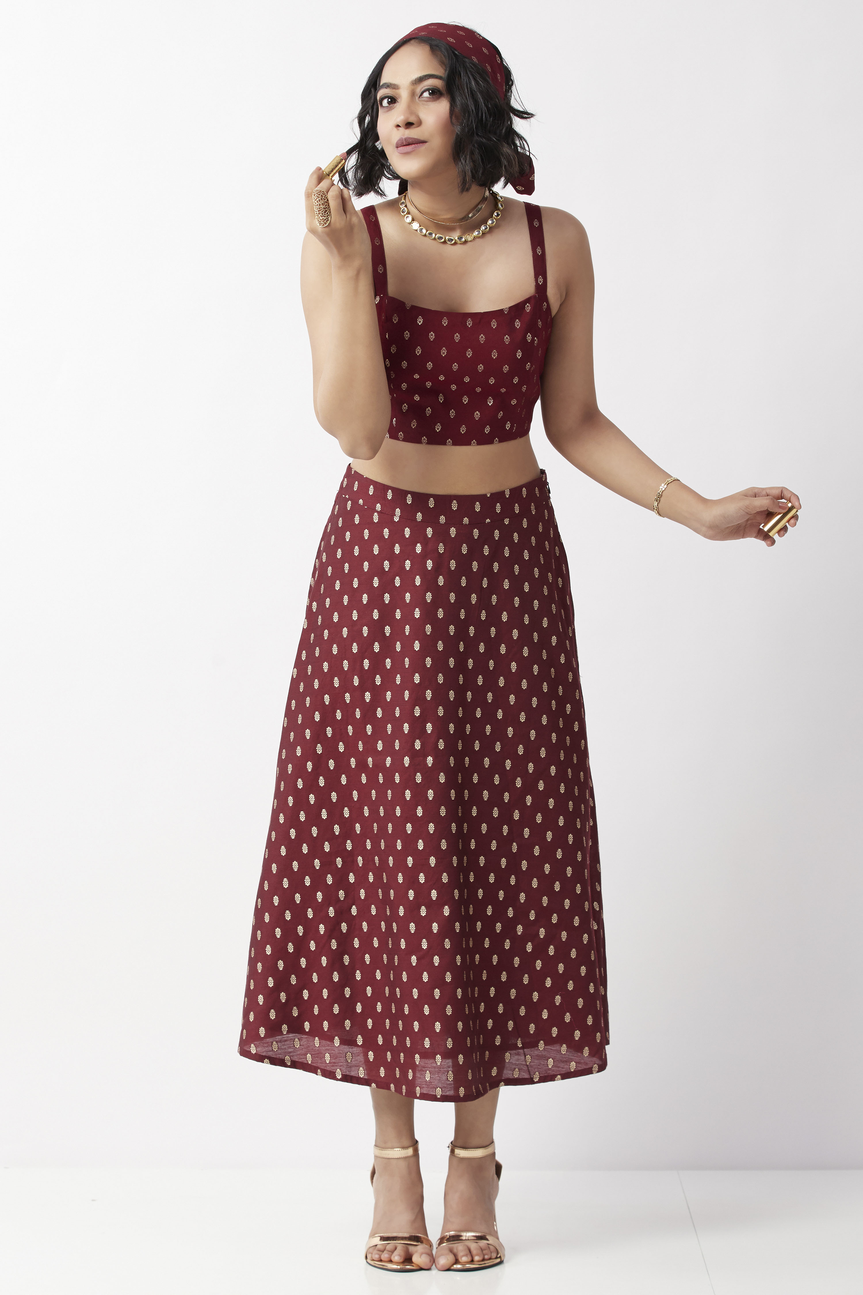 Maroon Art Silk Foil Printed Flared Skirt image number 0