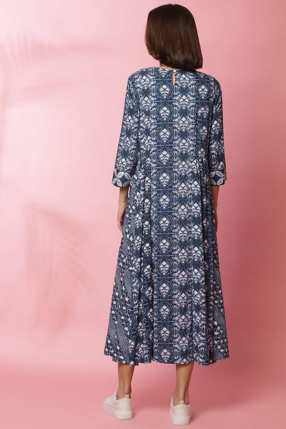 Blue Rayon Flared Lace Printed Dress image number 5