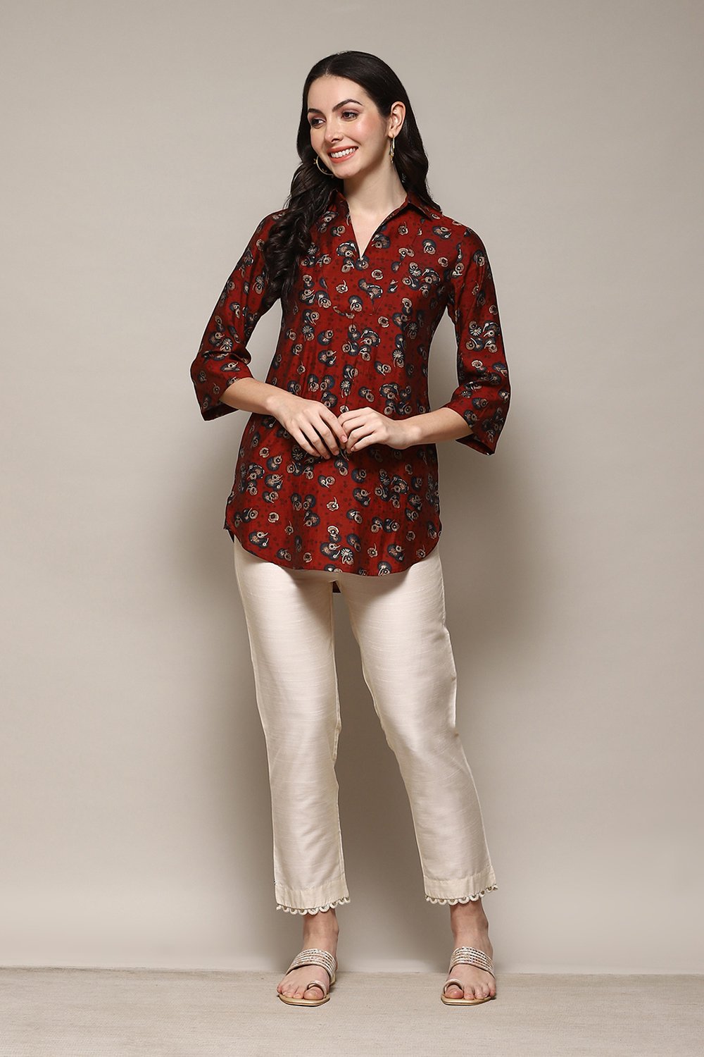 Antique Beige Polyester Slim Yarndyed Pants image number 0