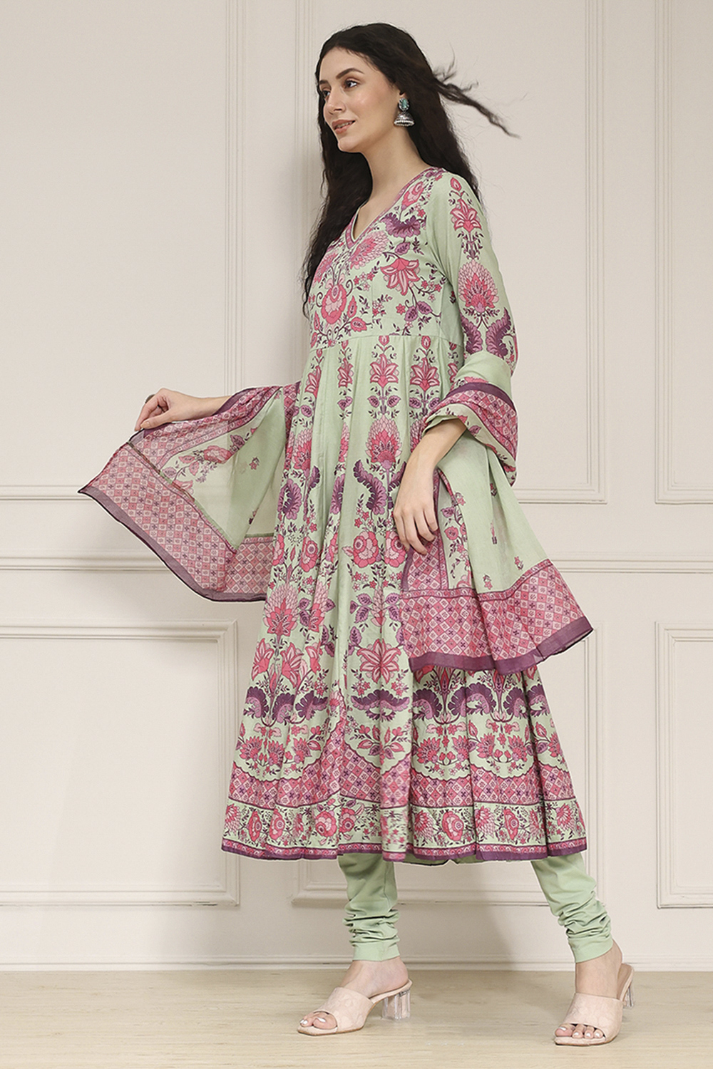 Light Pink Cotton Printed Anarkali Suit Set image number 3