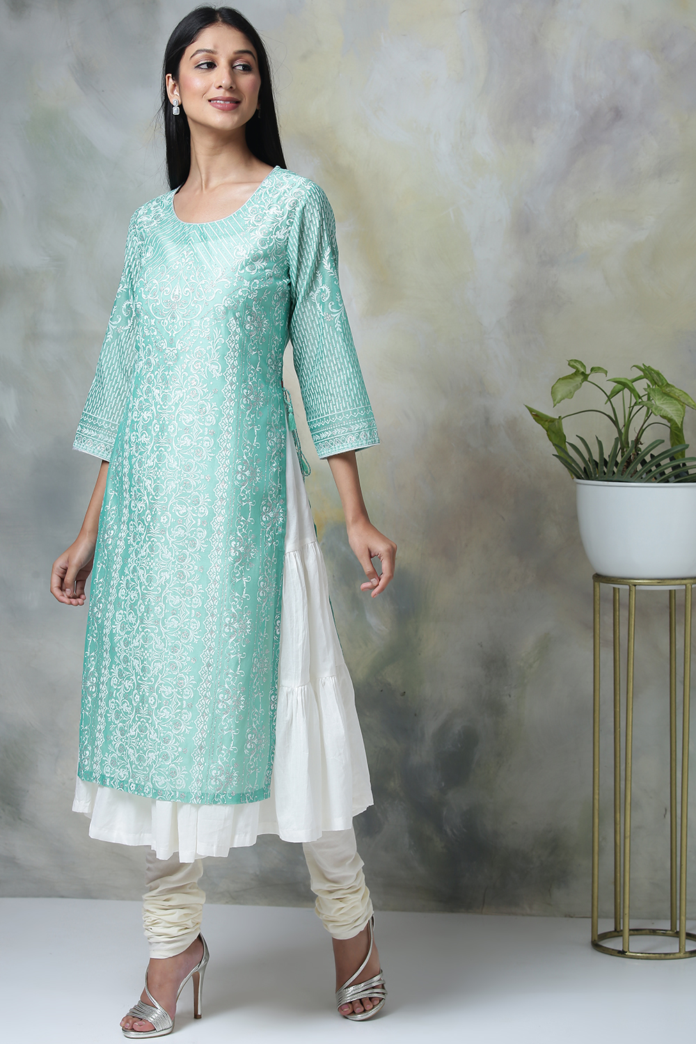 Mint Poly Cotton Double Layered Printed Kurta image number 3