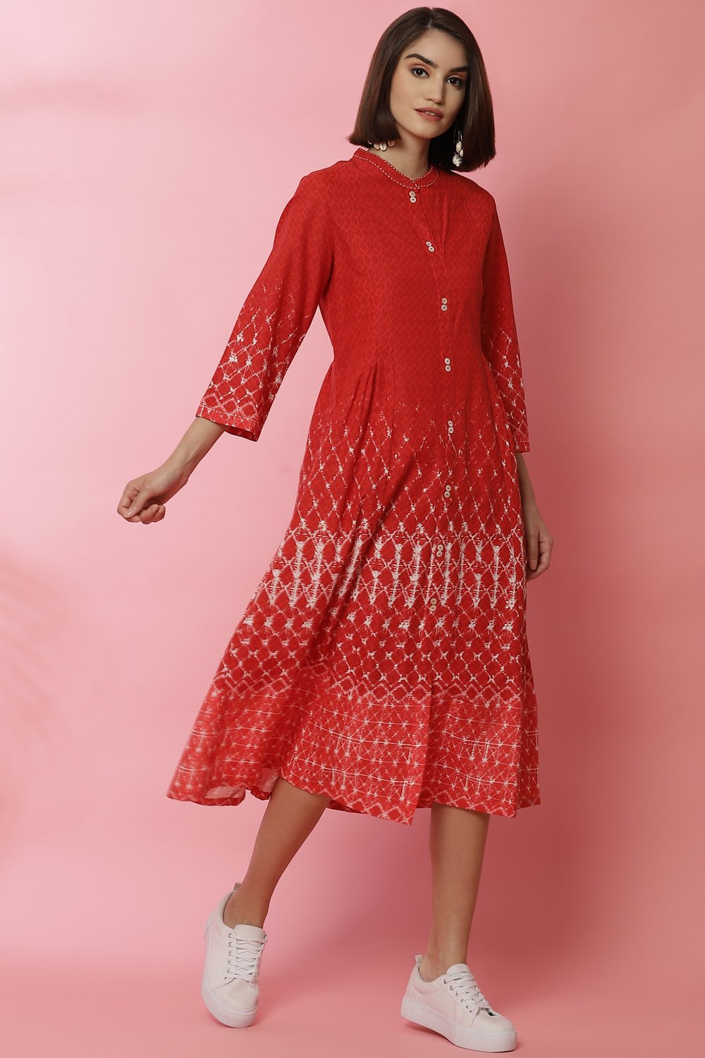 Red Rayon A-Line Printed Dress image number 2