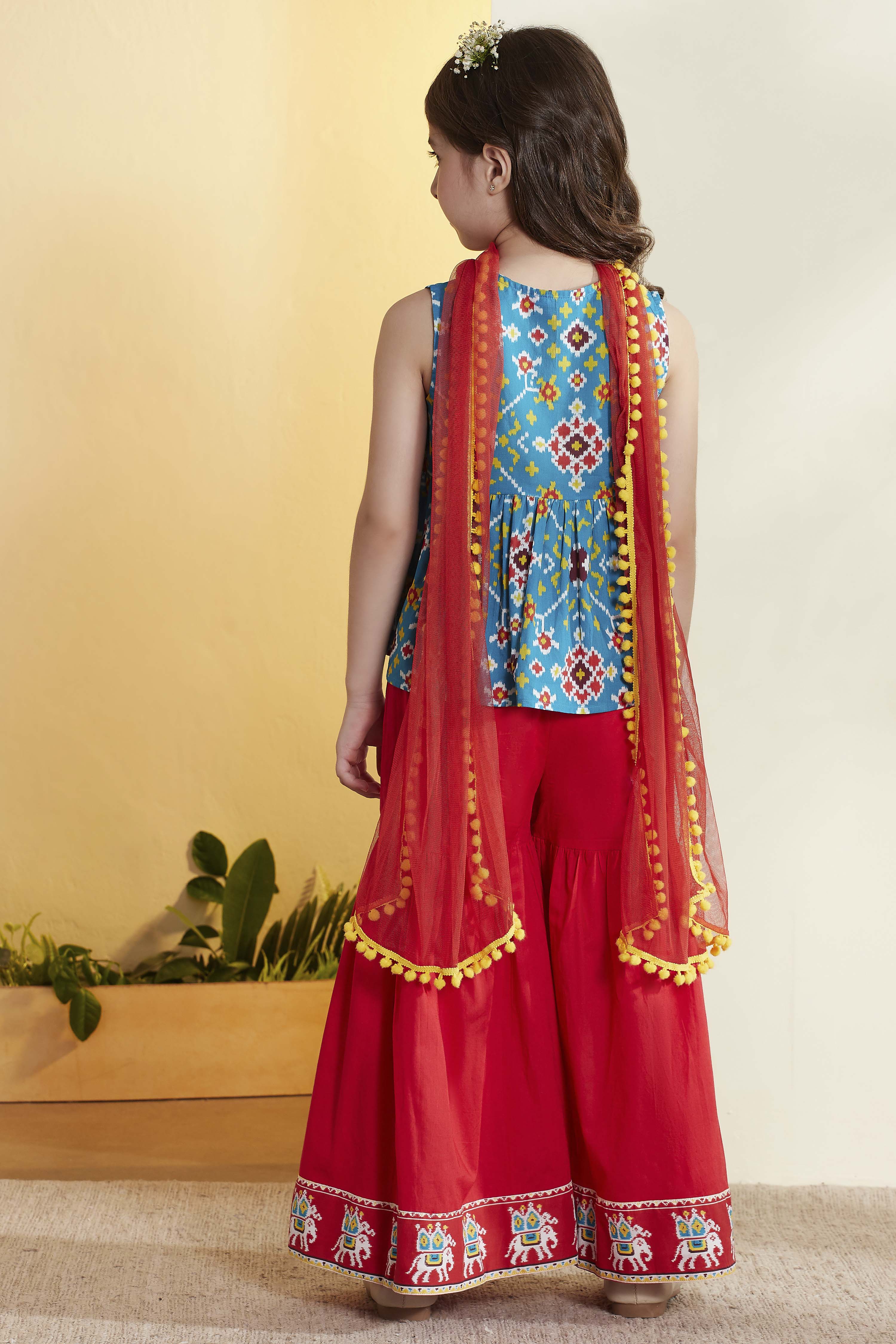 Turquoise & Red Printed Cotton Garara Set image number 5
