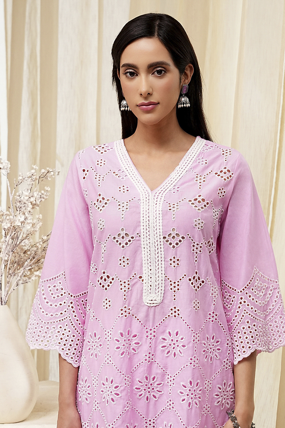 Pink Cotton Schiffli Straight Suit Set image number 1