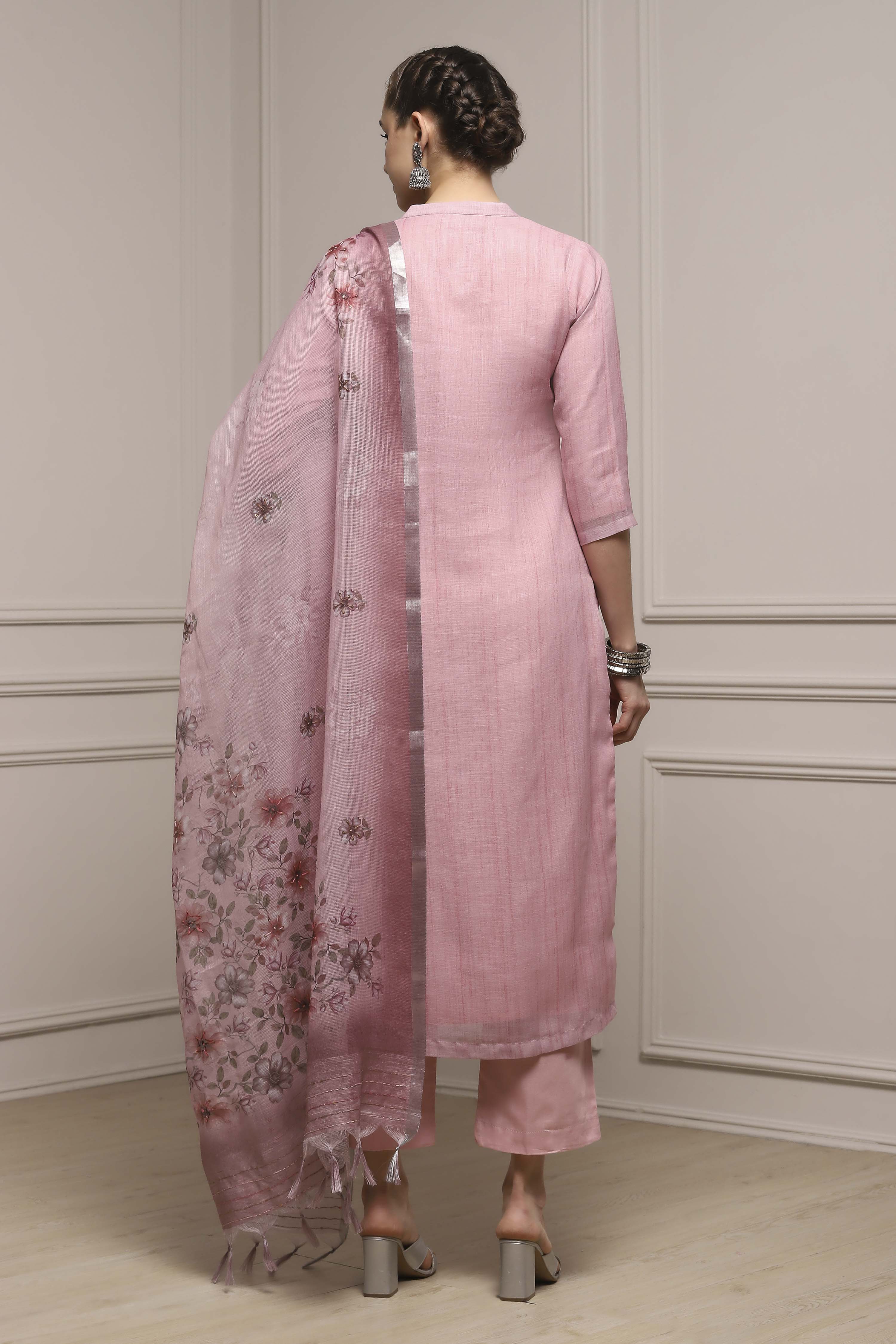 Pink Linen Blend Hand Embroidered Unstitched Suit Set image number 5