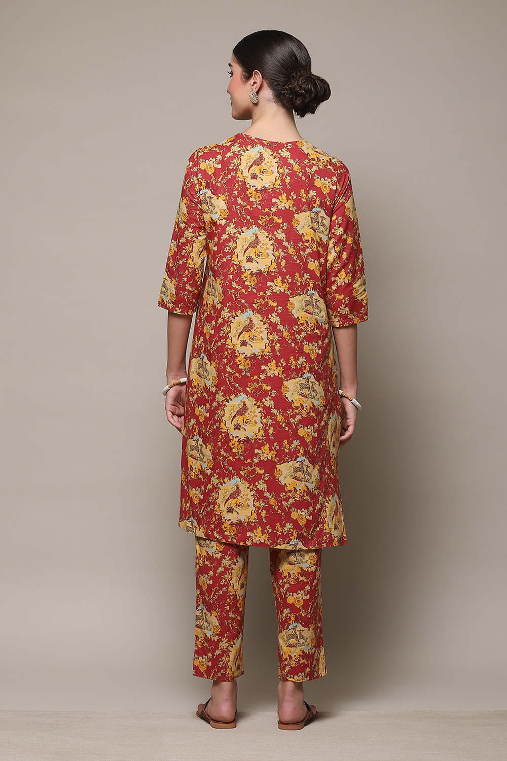 Red Cotton Straight Kurta Relaxed Pant Suit Set image number 4