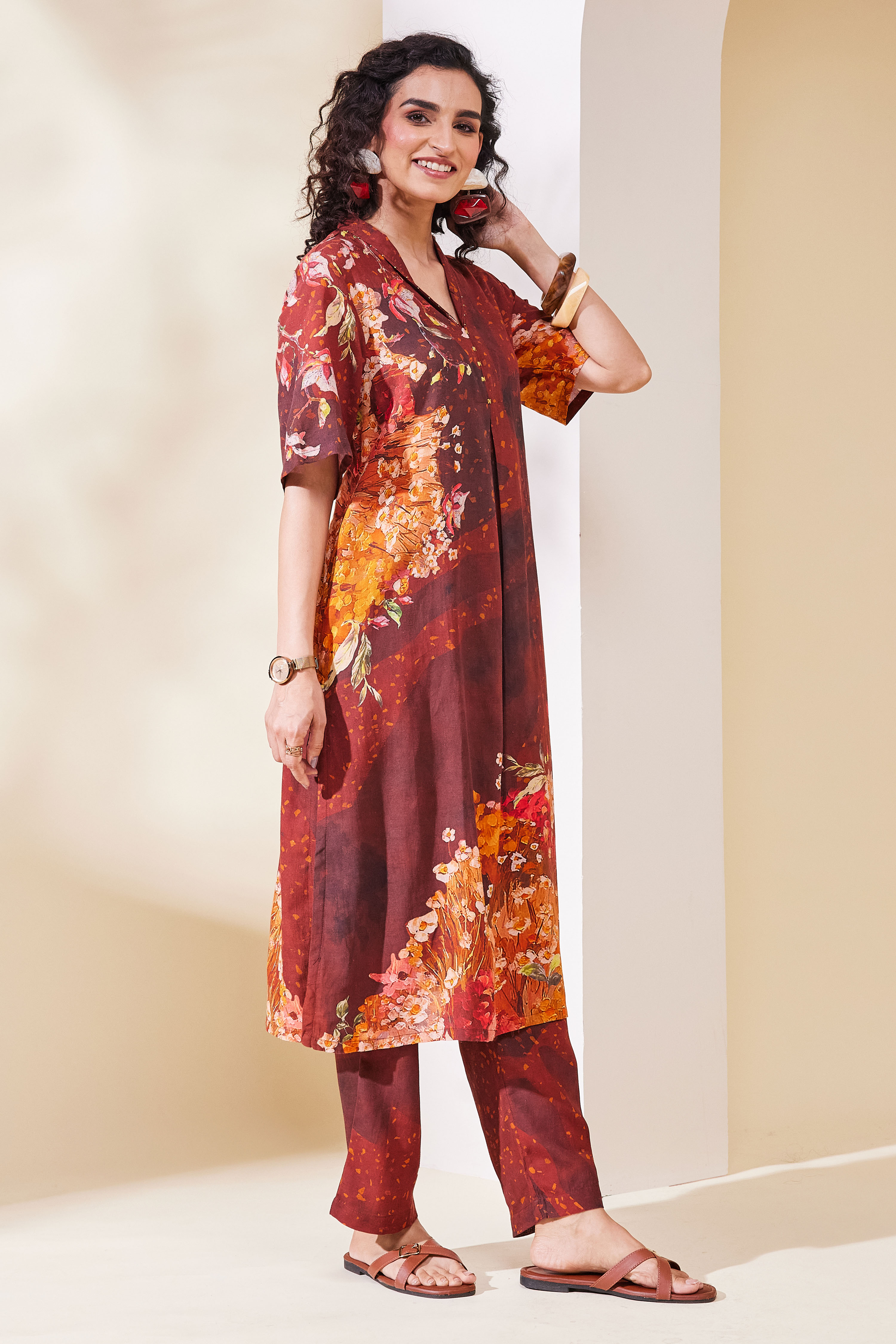 Brown Viscose Rayon A Line Kurta Pants Set image number 5