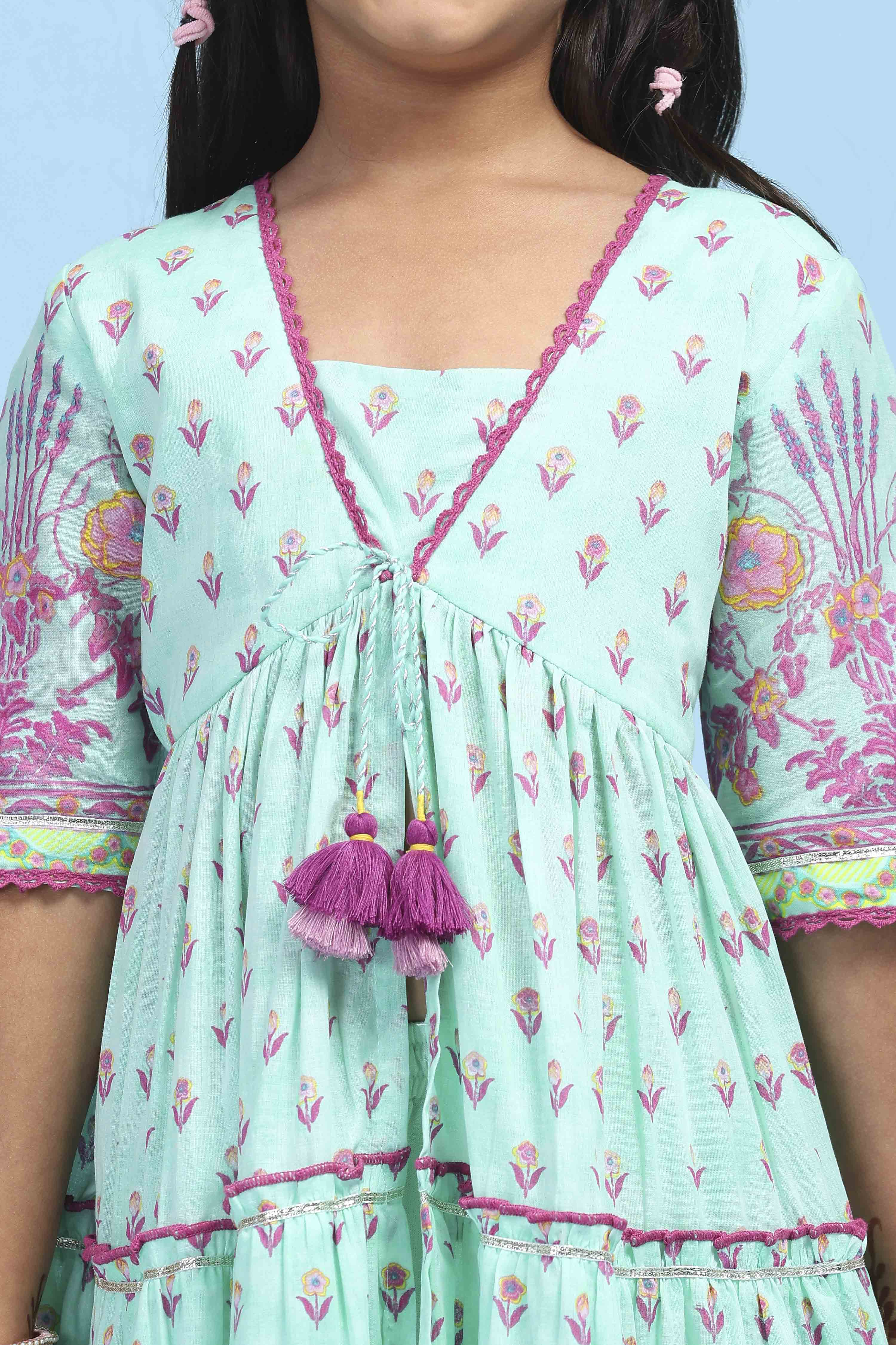 Green Cotton Printed Tiered Suit Set image number 1