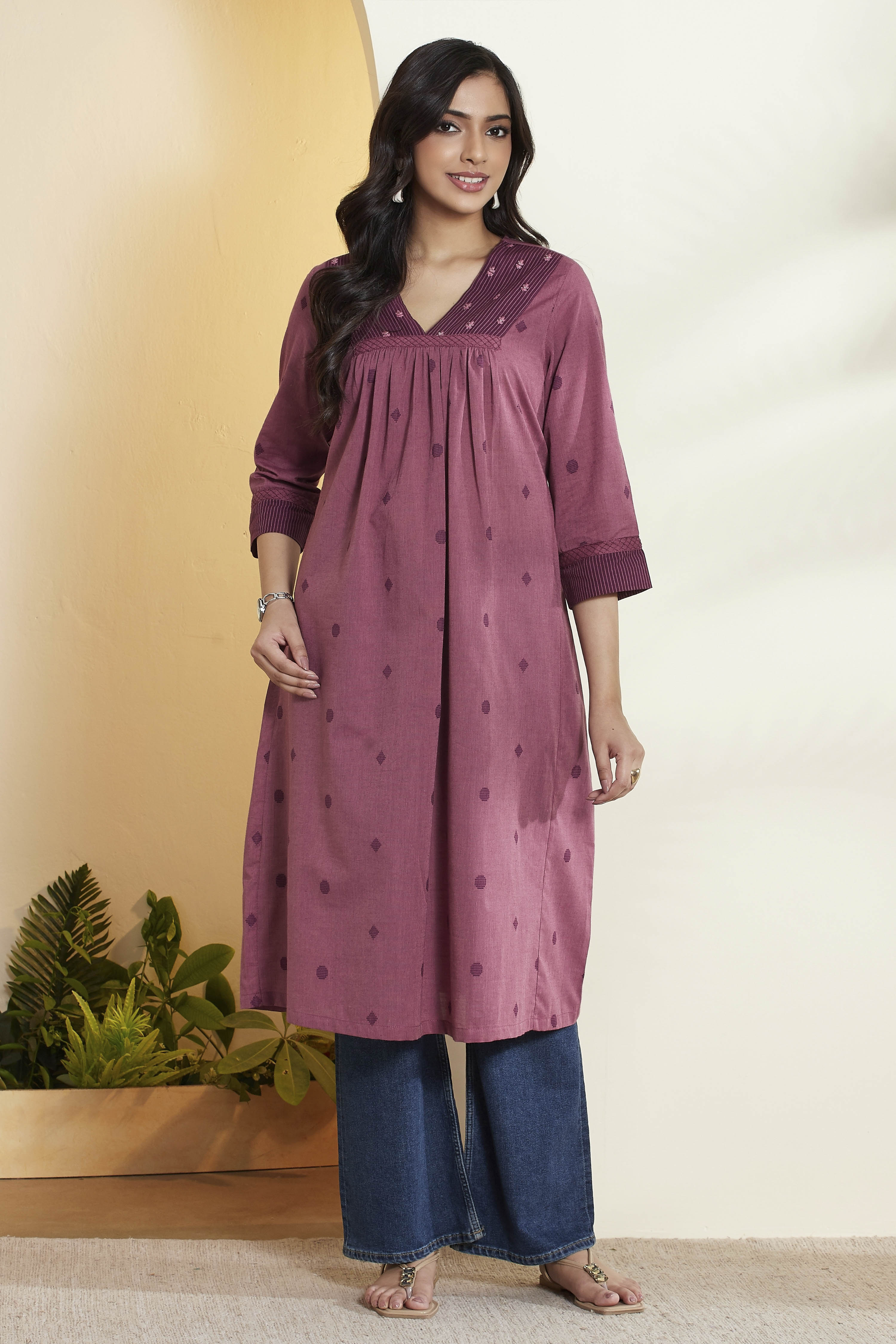 Old Rose Cotton A Line Kurta image number 6