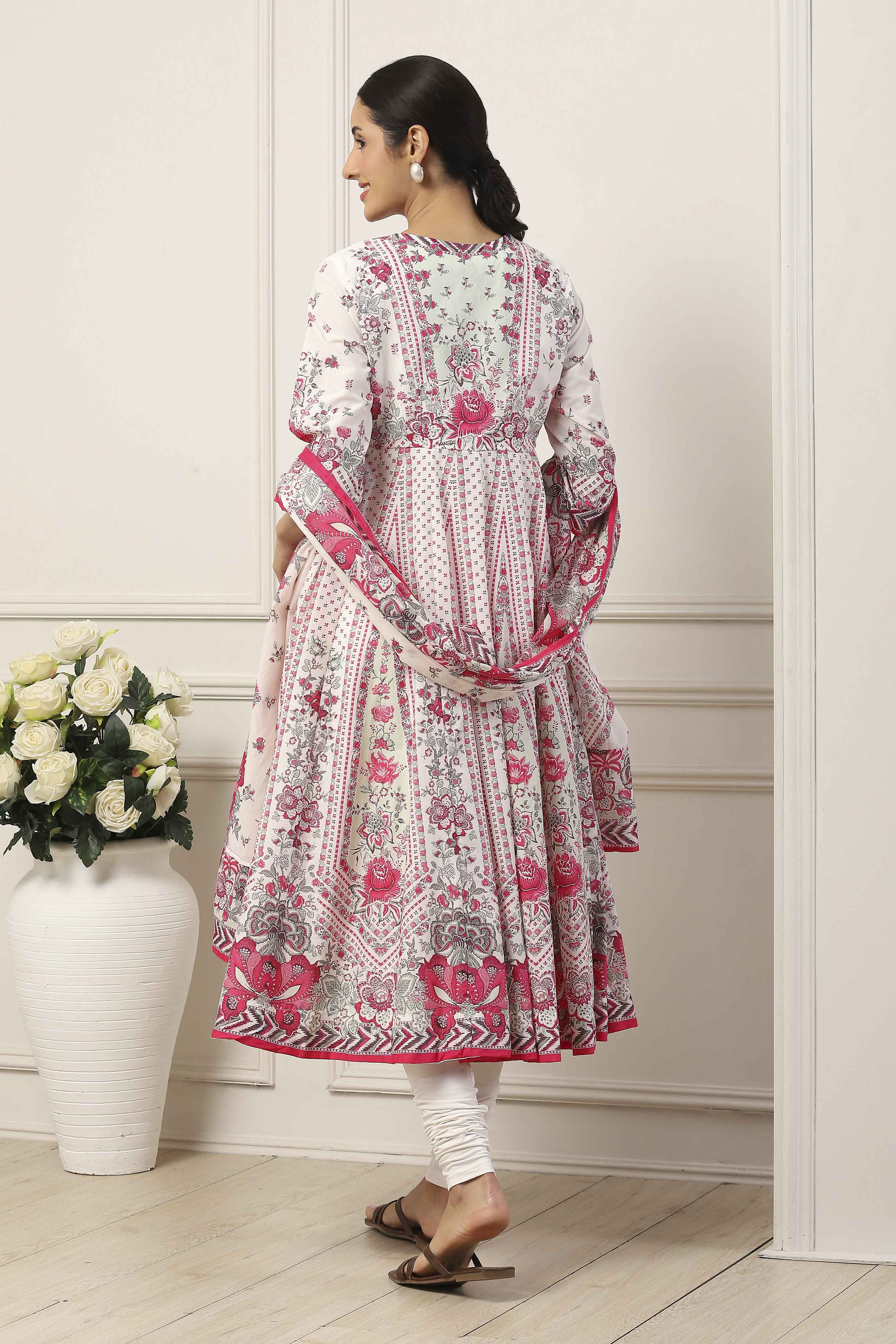 White Cotton Floral Printed Kalidar Suit Set image number 4