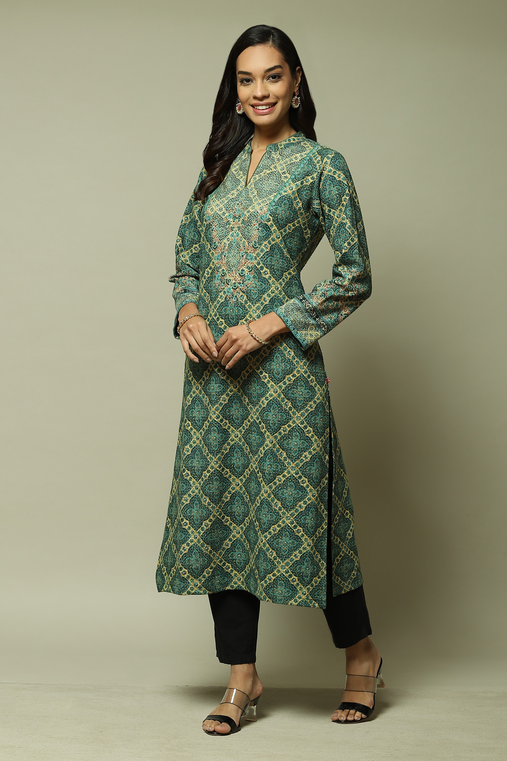 Green Acrylic Straight Printed Kurta image number 0