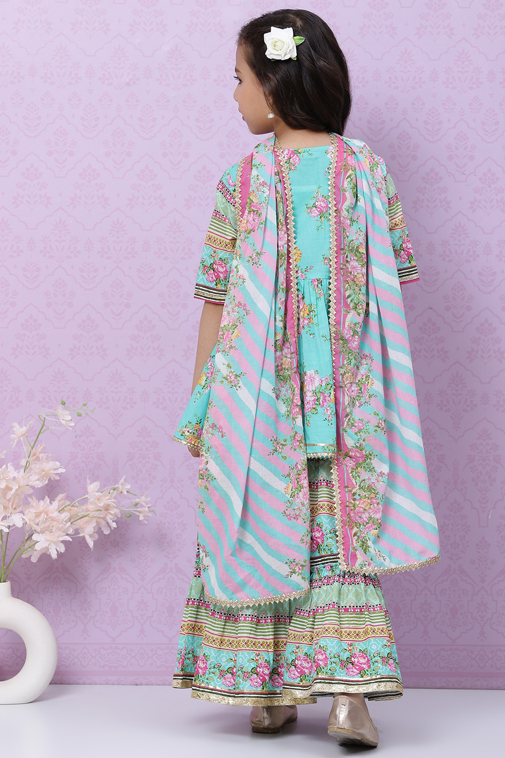 Sea Green Cotton Garara Kurta Garara Suit Set image number 4