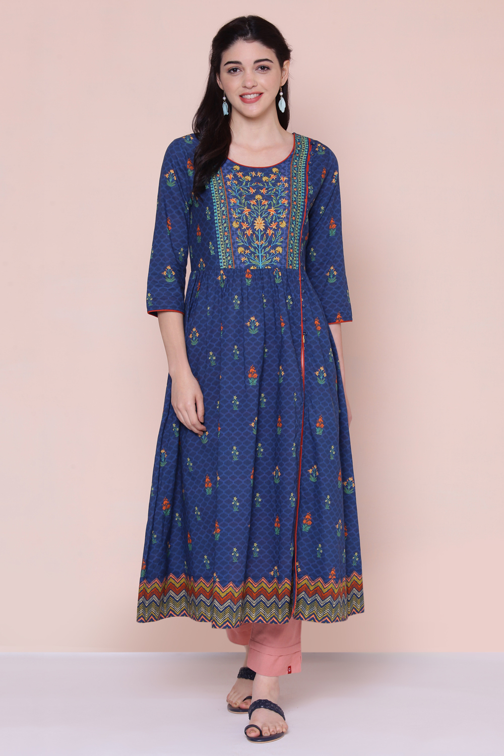 Navy Cotton Printed Kurta image number 4