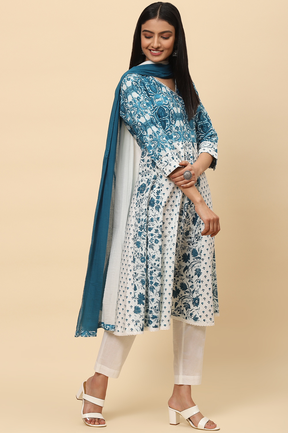 Blue White Cotton Flared Kurta Slim Pant Suit Set image number 6