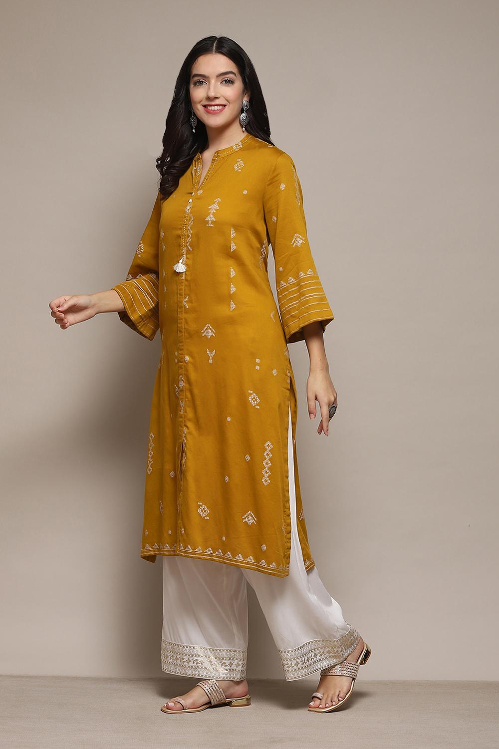 Mustard Poly Cotton Straight Yarndyed Kurta image number 2