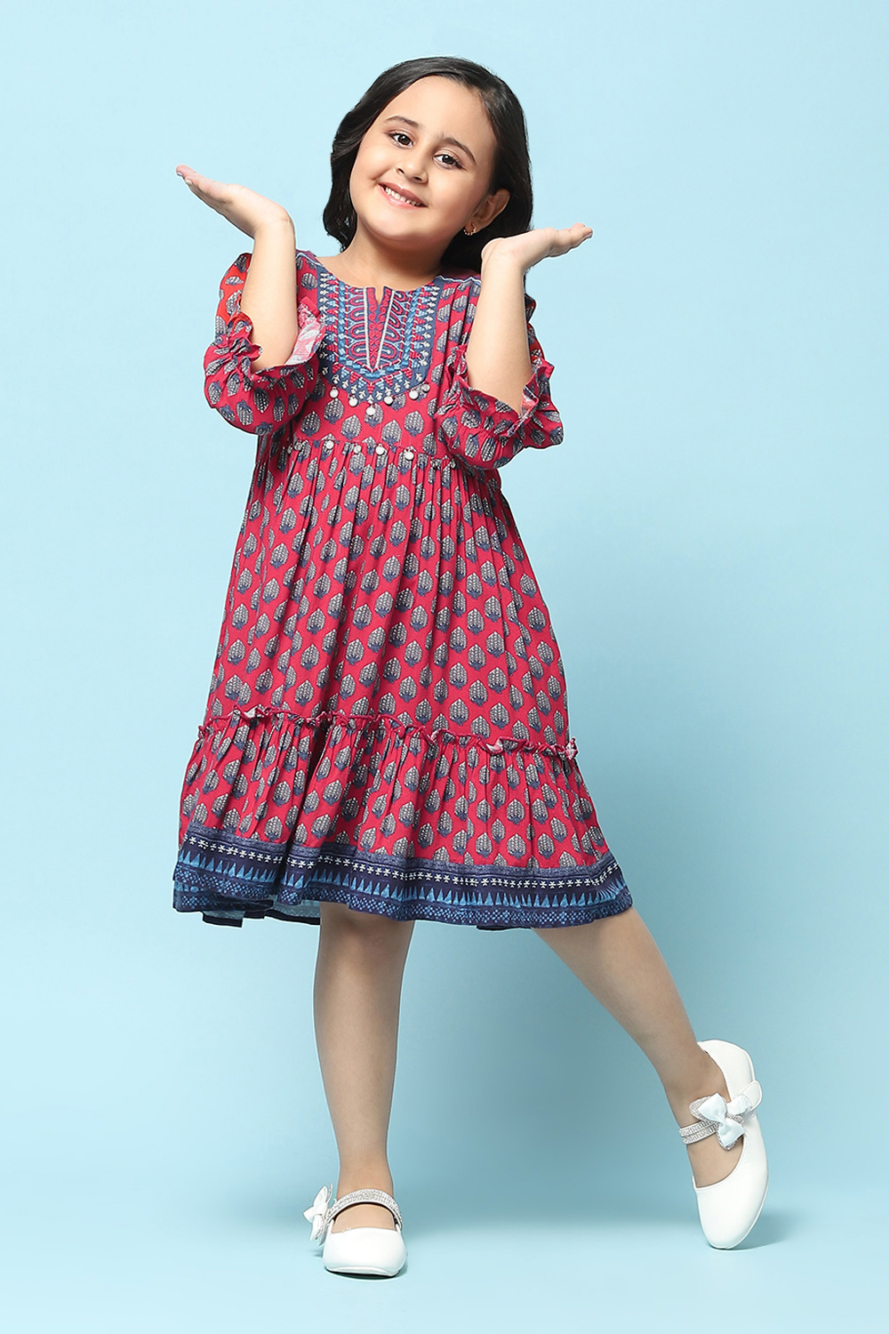 Blue & Rust Rayon Tiered Dress Printed Dress image number 0