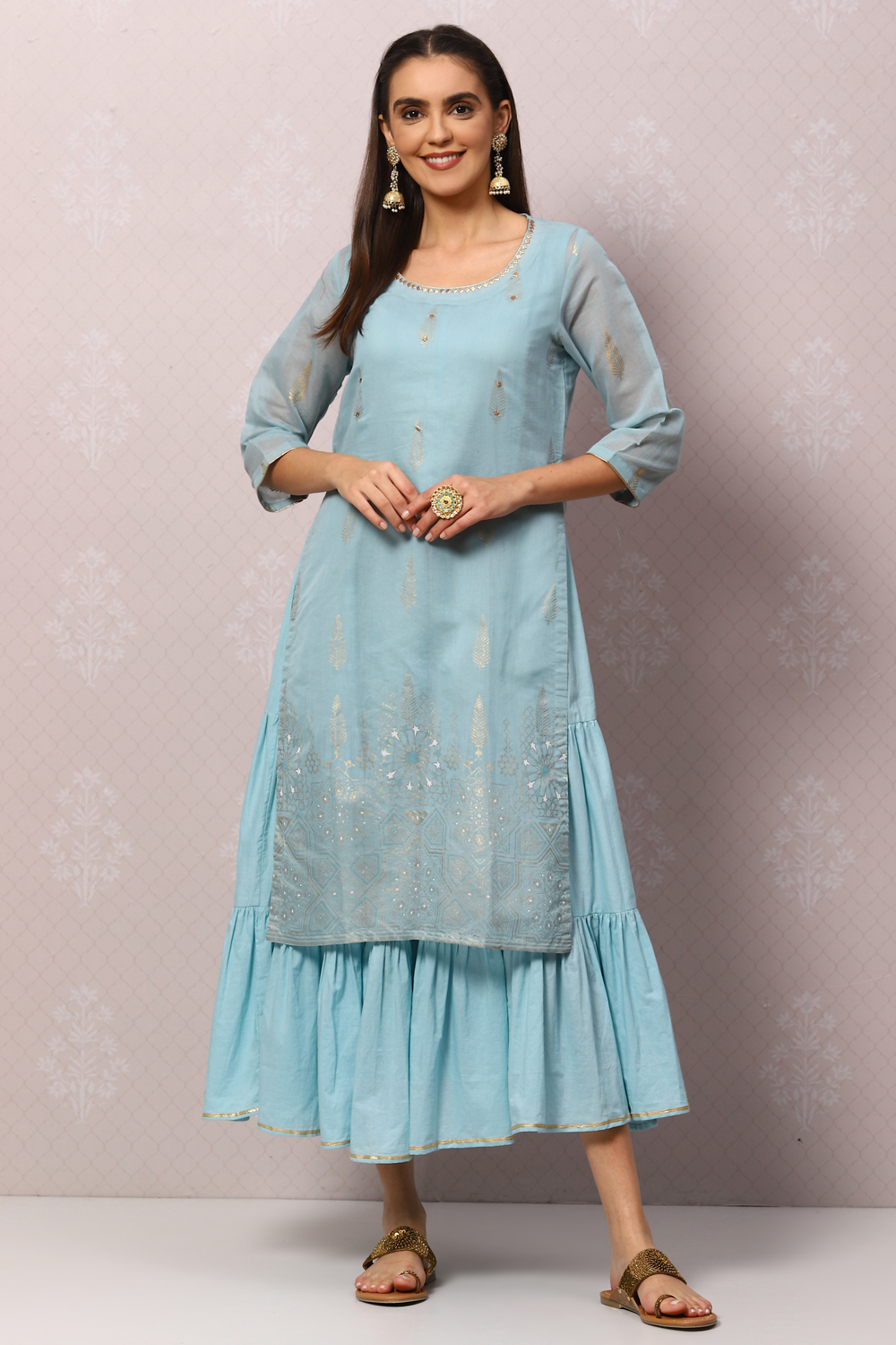 Sky Blue Art Silk Double Layered Kurta image number 6