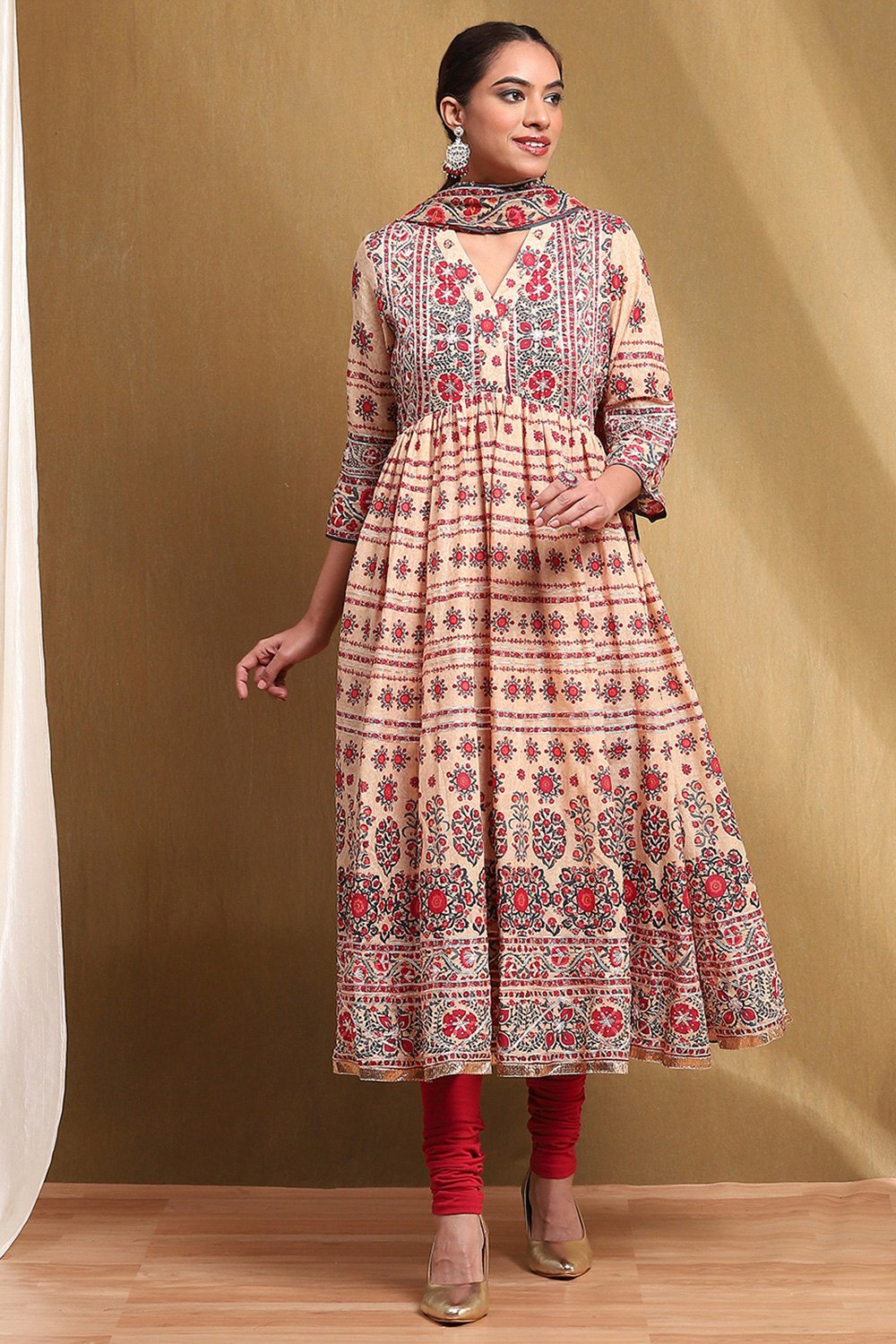 Beige and Red Cotton Anarkali Suit Set image number 7
