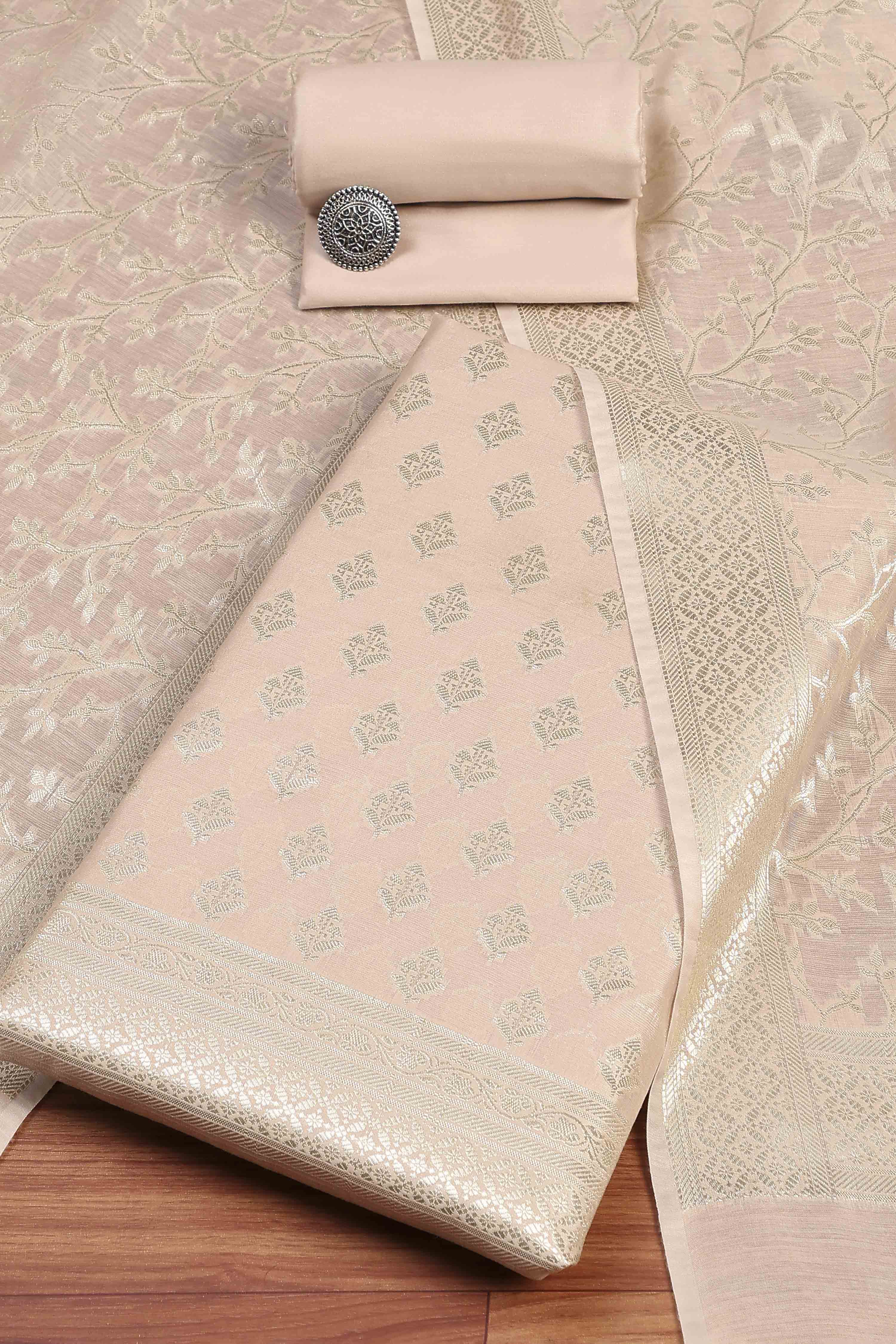 Light Pink Chanderi Ethnic Motif Unstitched Suit Set image number 0