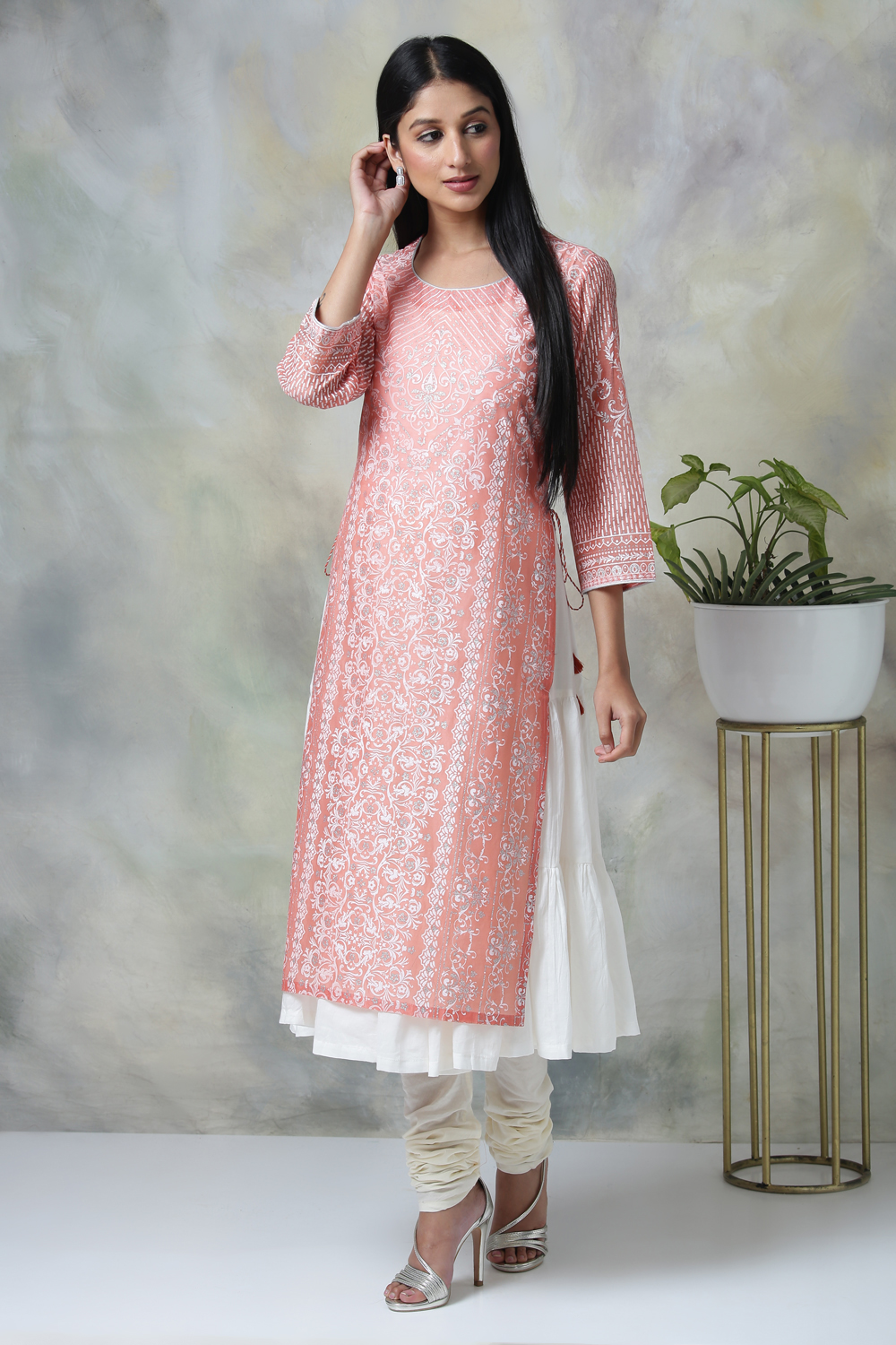 Peach Cotton Double Layered Printed Kurta image number 0