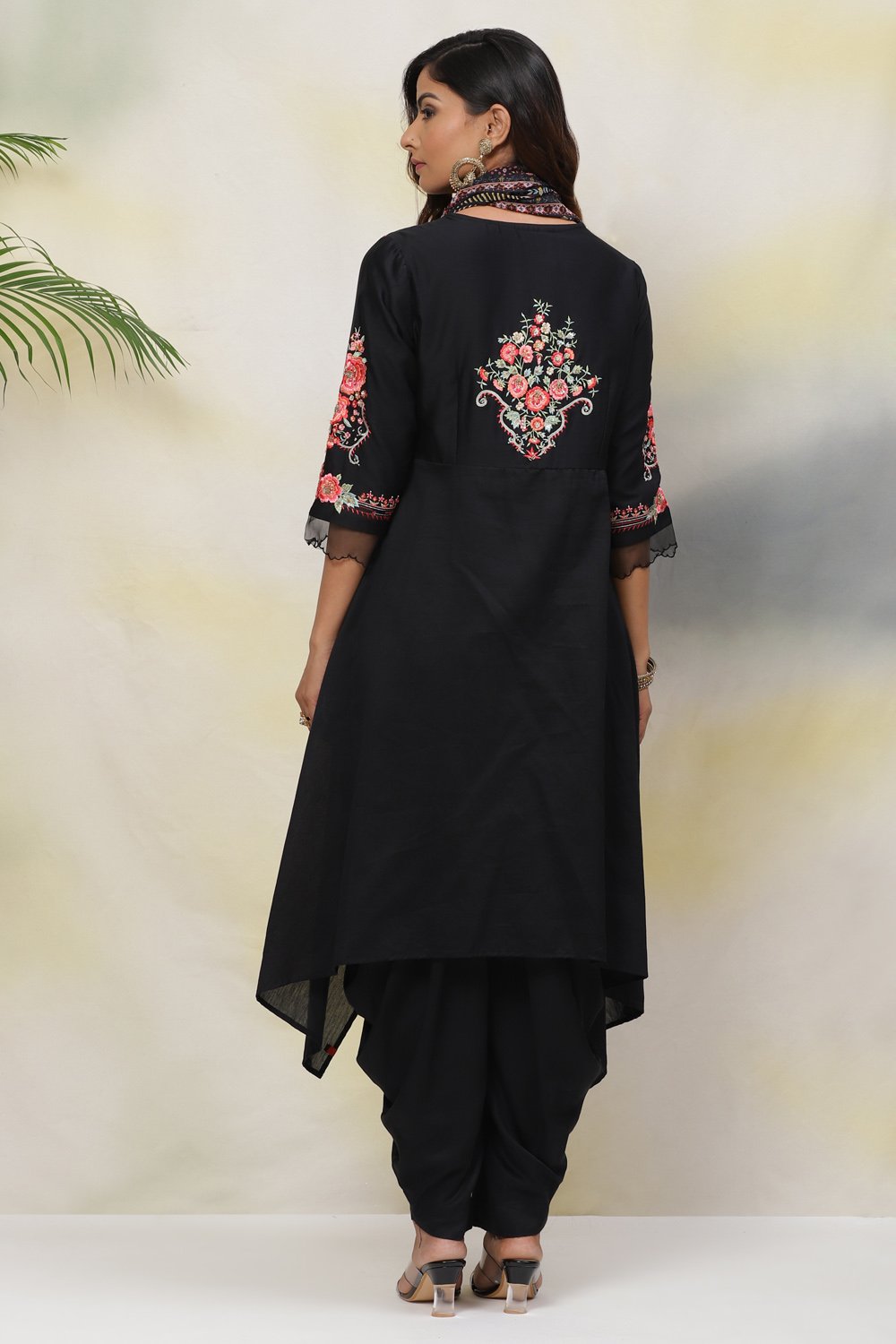 Black Cotton Silk Asymmetric Kurta Dhoti Salwar Suit Set image number 9