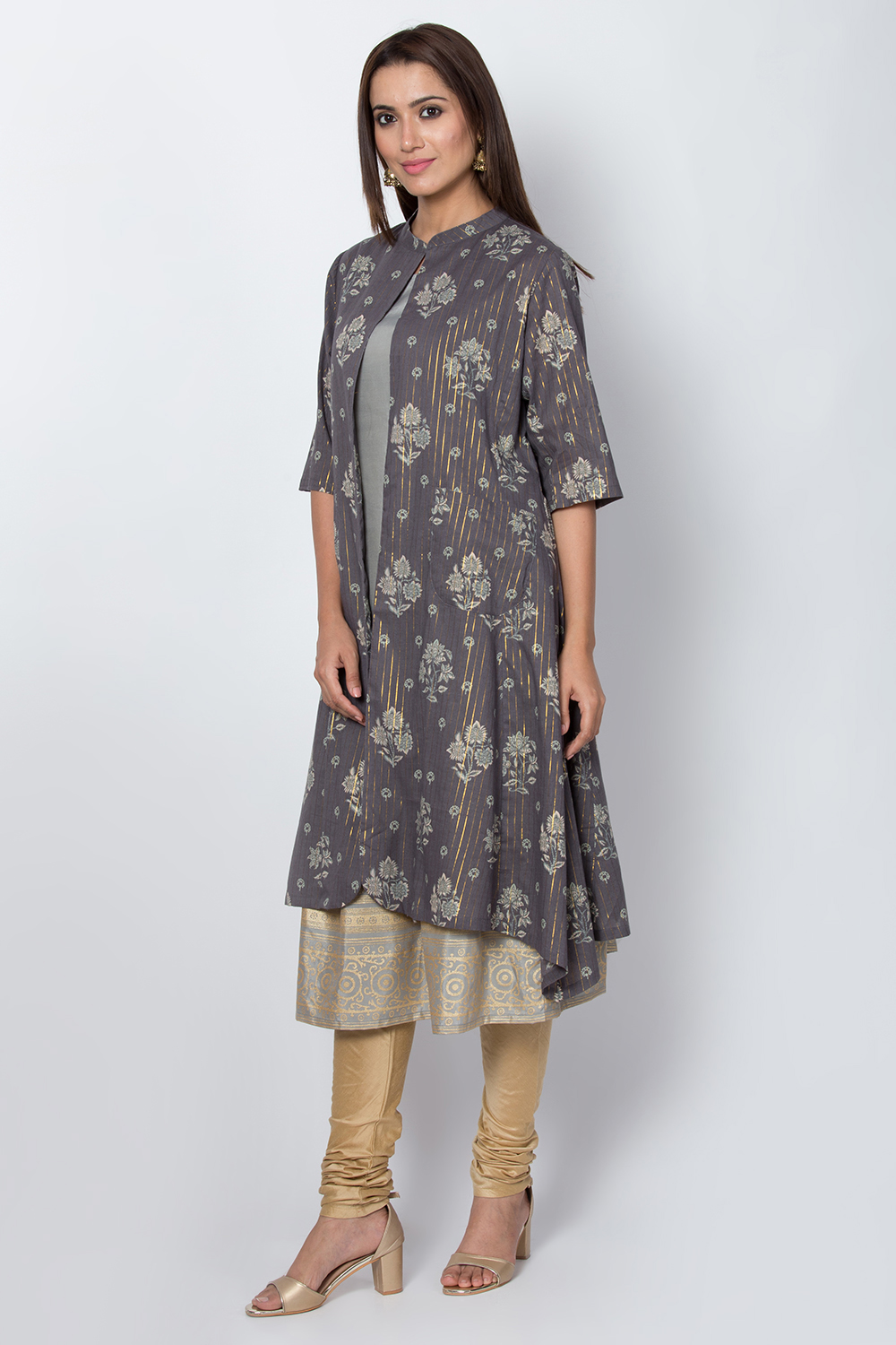 Light Grey Metallic Cotton Front Open Printed Kurta image number 2