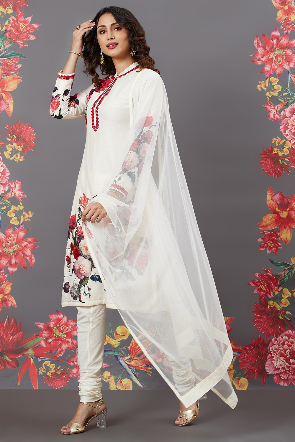 Rohit Bal Off White Cotton Straight Printed Suit Set image number 4