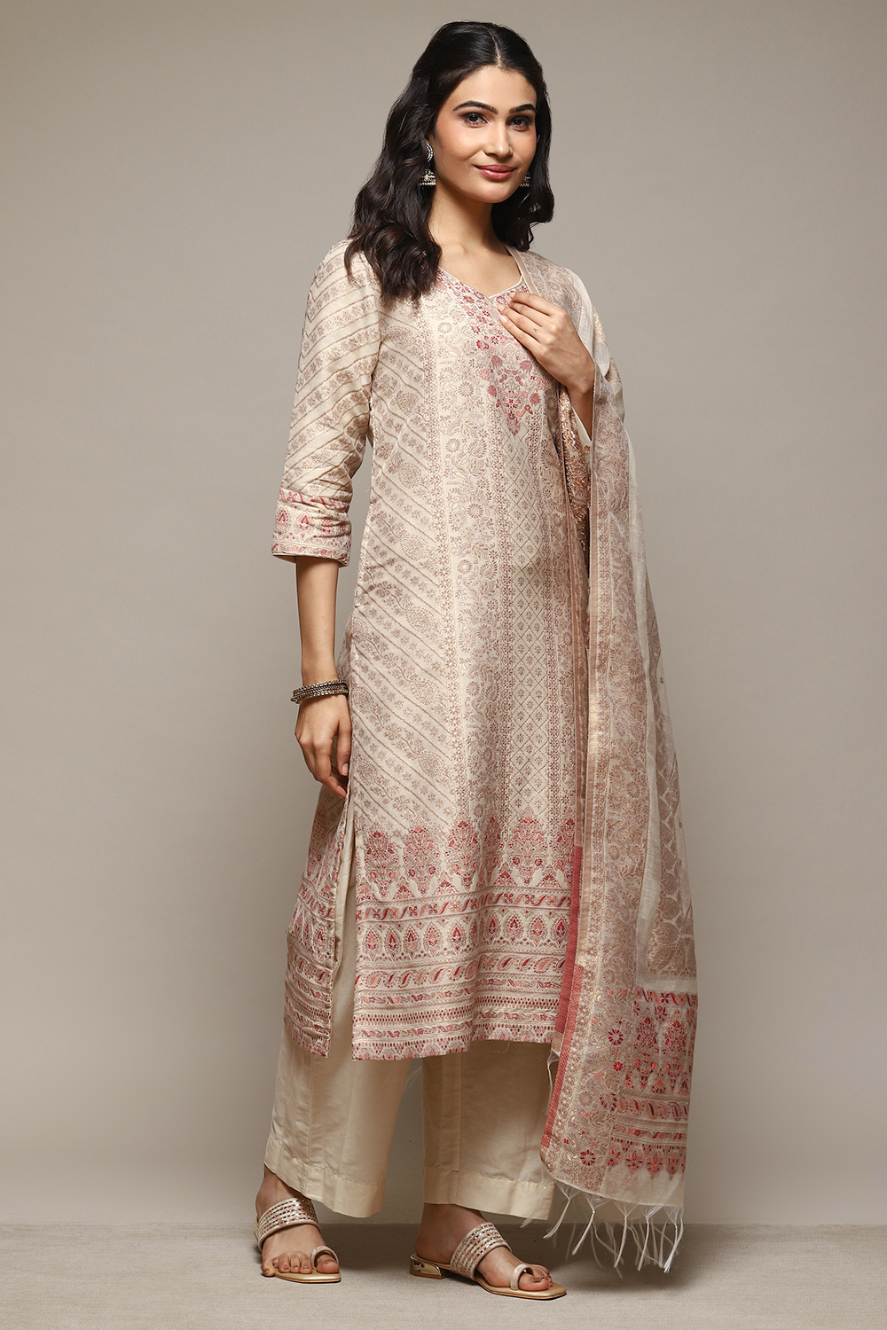 Beige Cotton Blend Straight Kurta Suit Set image number 6