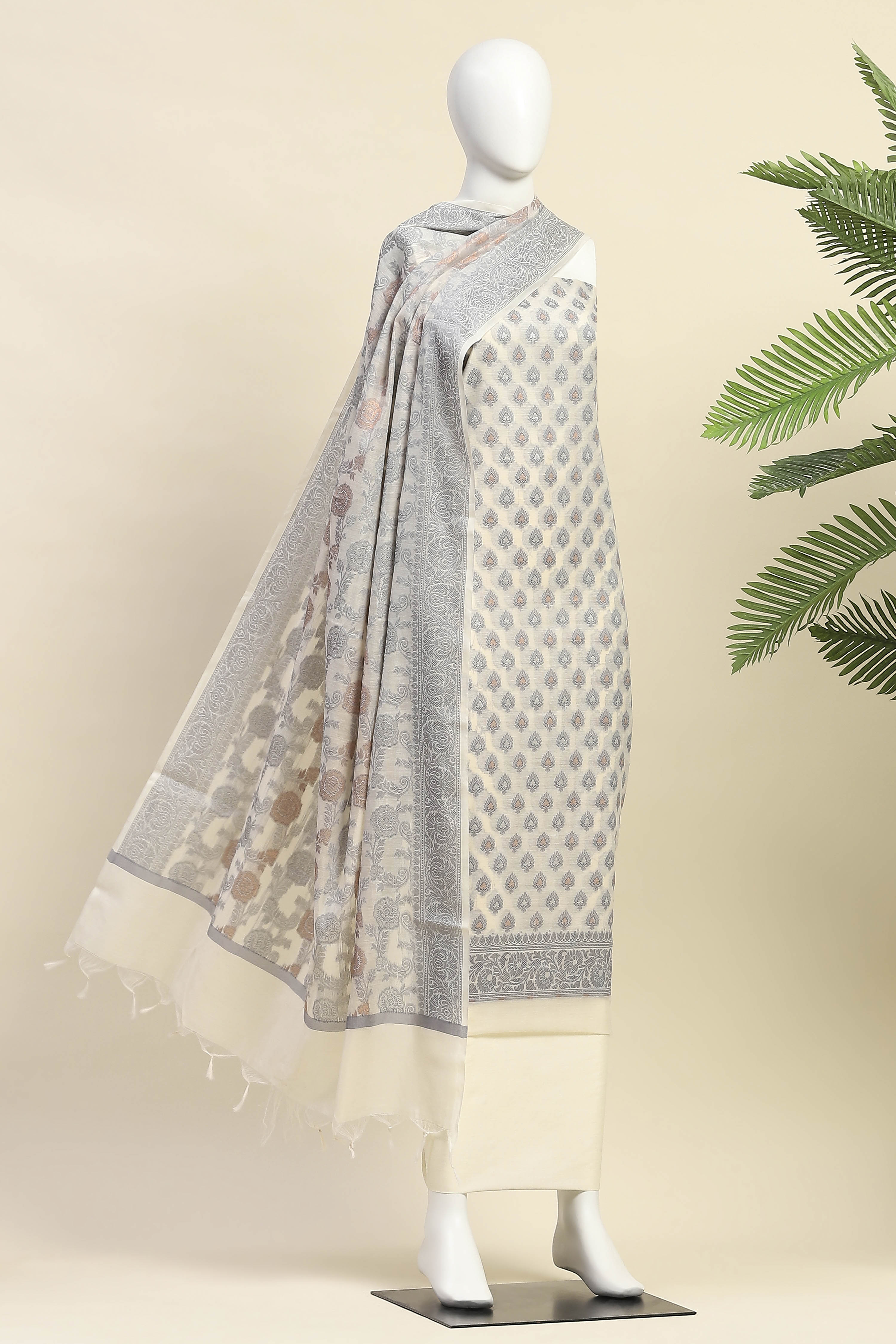 Beige Cotton Printed Embroidered Unstitched Suit Set image number 4