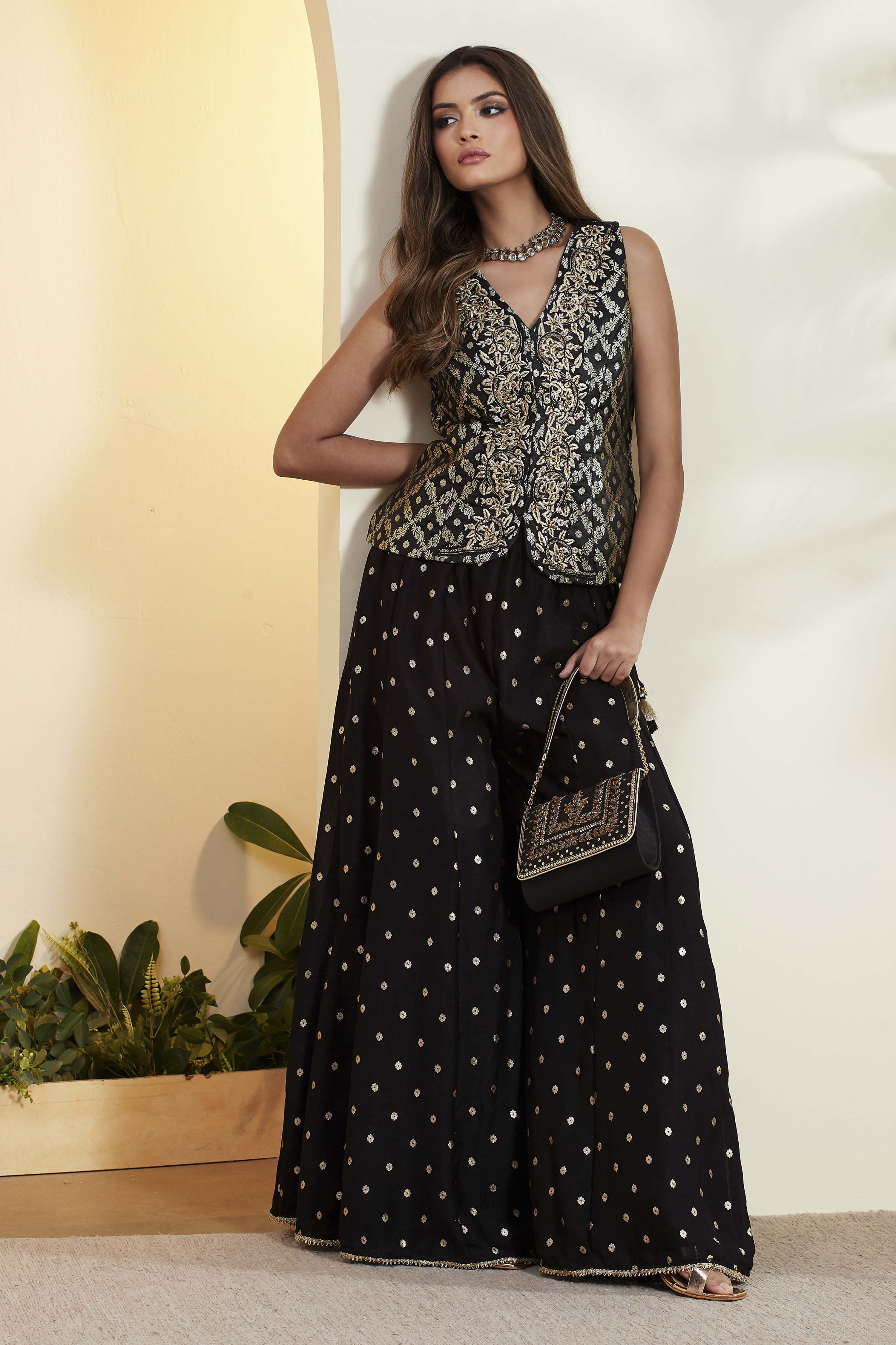 Black Viscose Rayon Embroidered Fusion Set image number 0