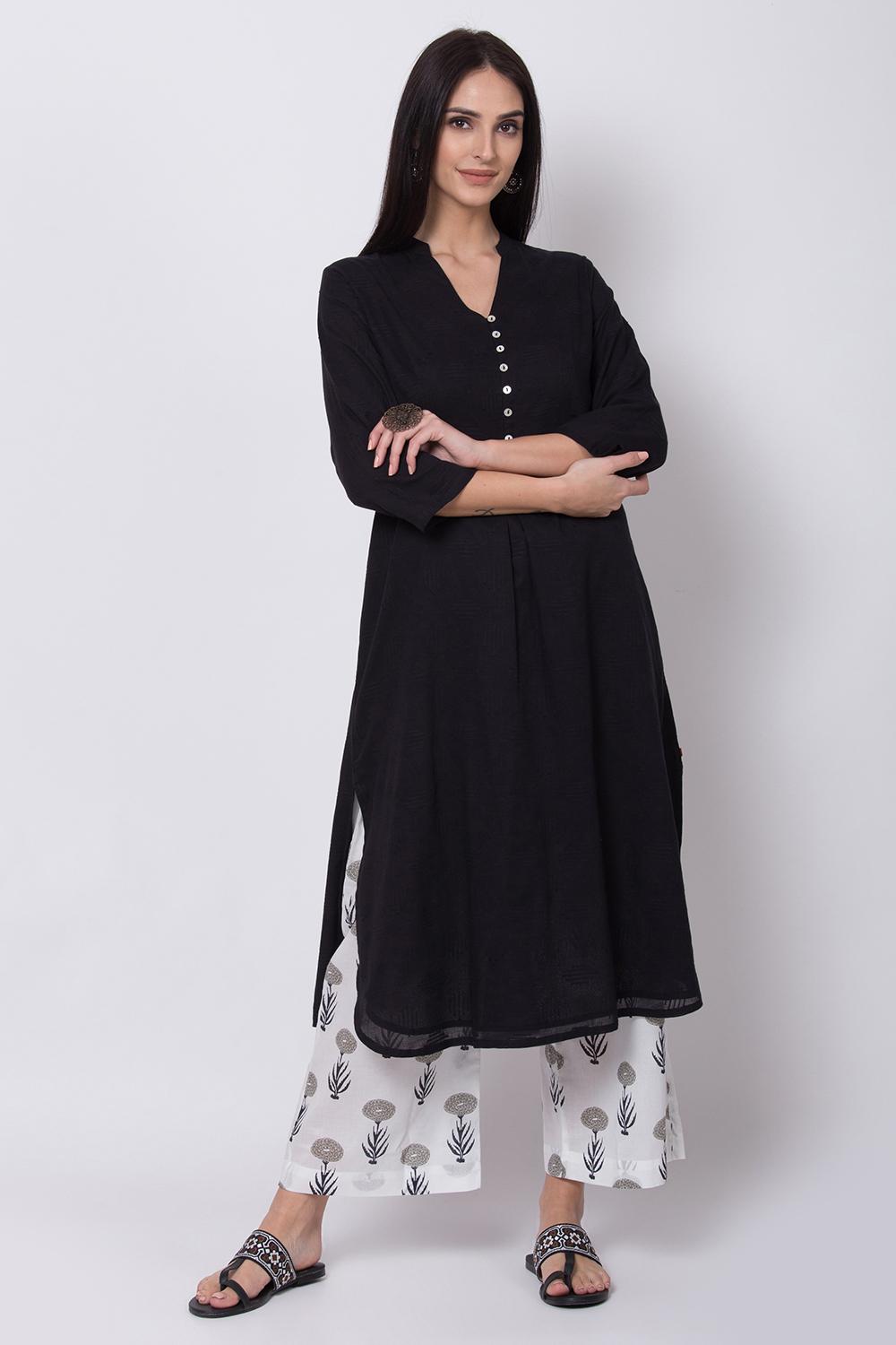 Black Straight Kurta Palazzo Suit Set image number 2