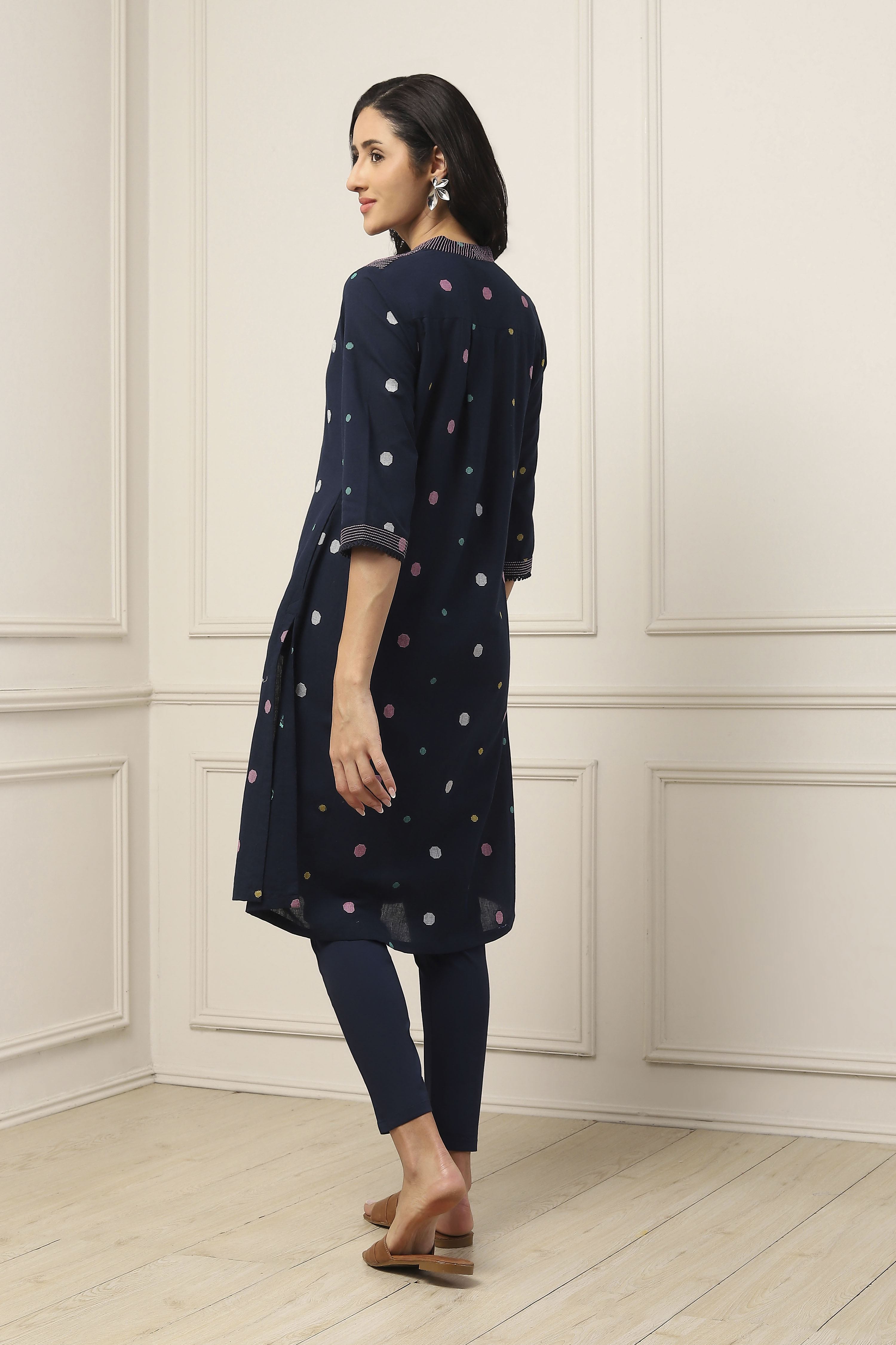 Navy Blue Cotton Polka Dot Straight Kurta image number 3