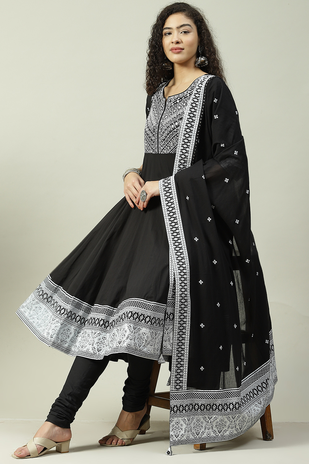 Black Cotton Anarkali Kurta Churidar Suit Set image number 0