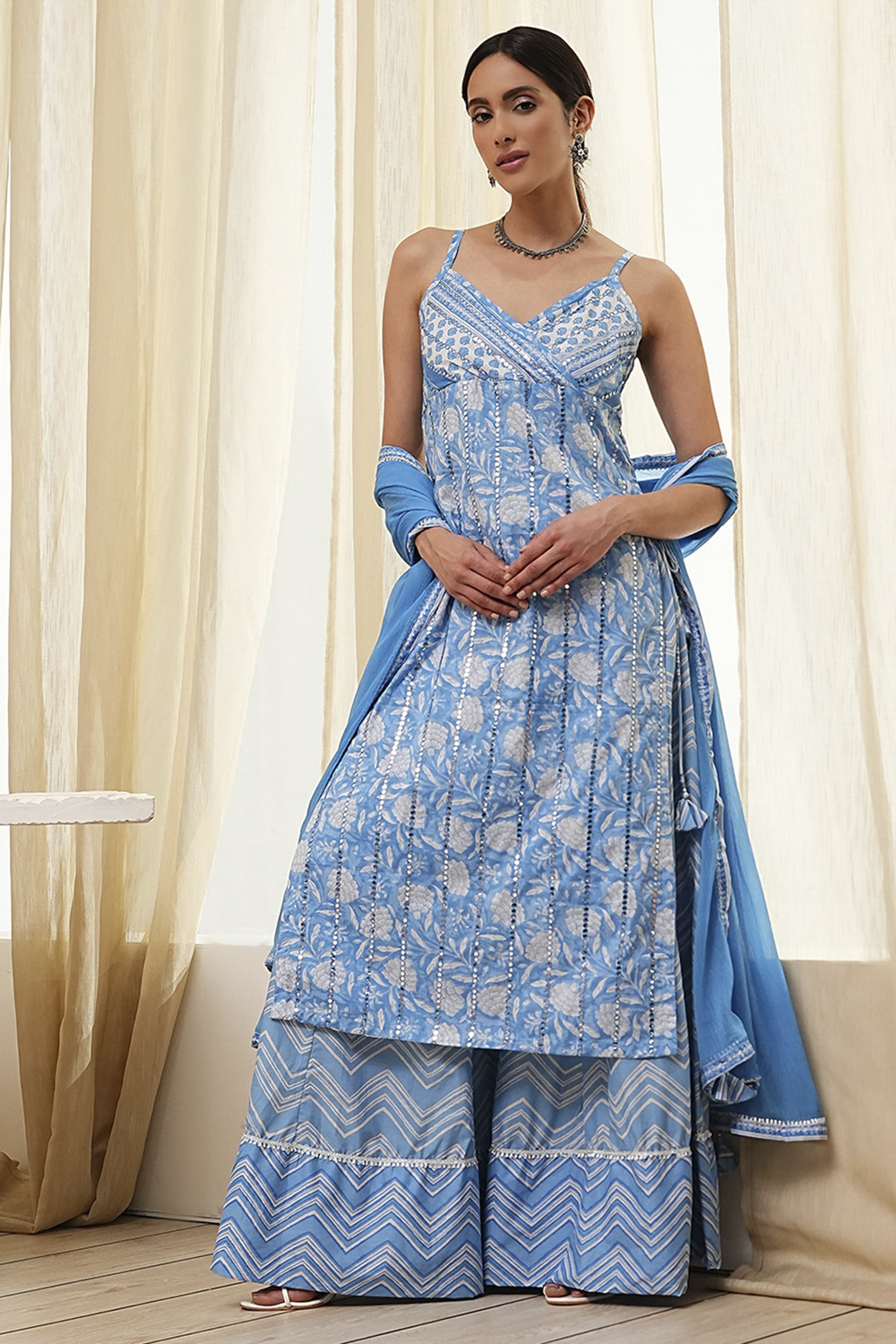 Blue Cotton Floral Strappy Straight Suit Set image number 0