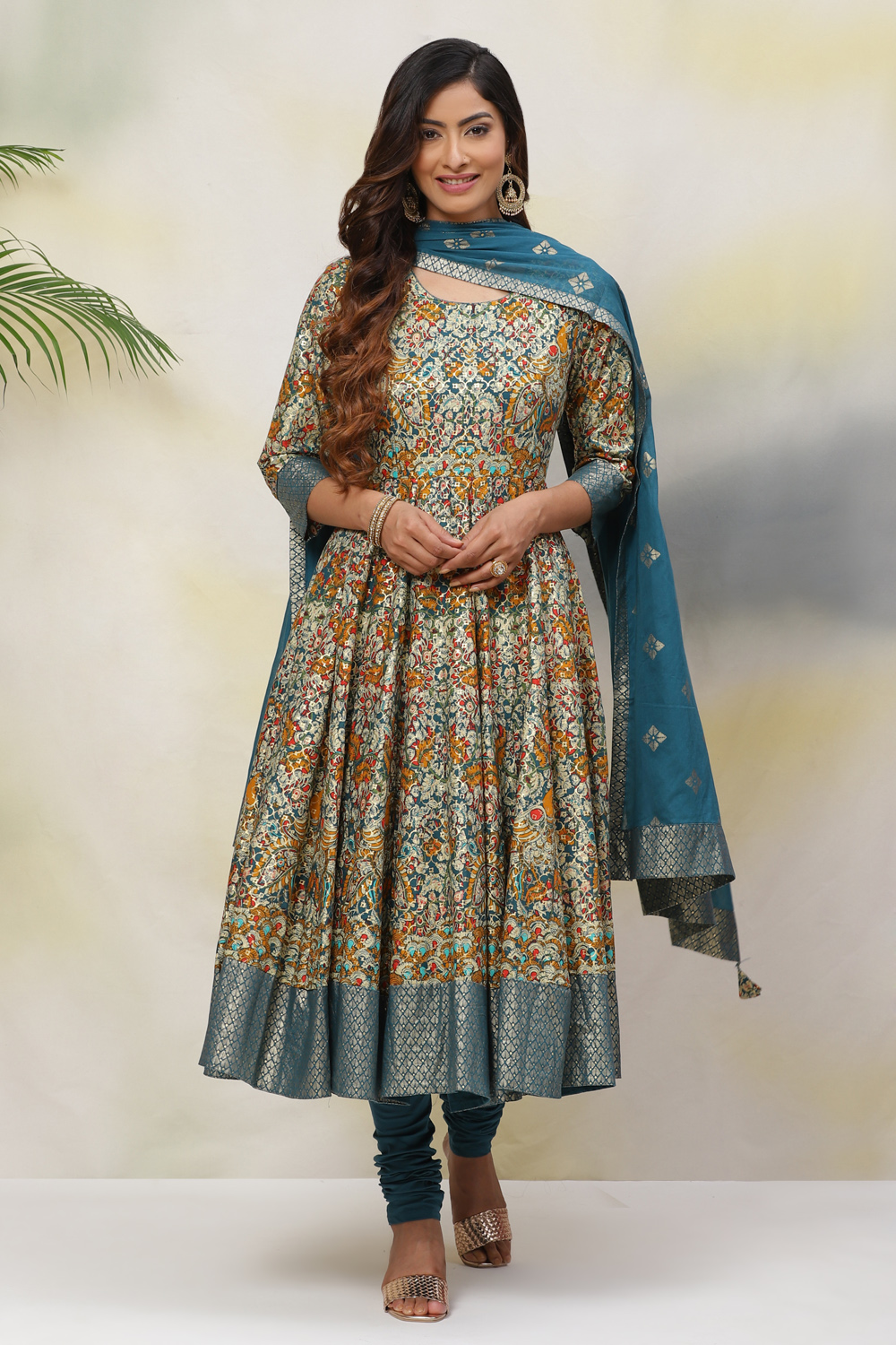 Teal Cotton Anarkali Kurta Churidar Suit Set image number 0