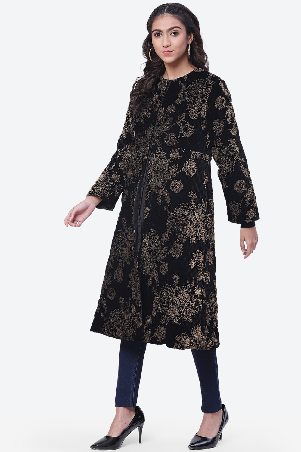 Black Straight Floral Printed Velvet Coat image number 2