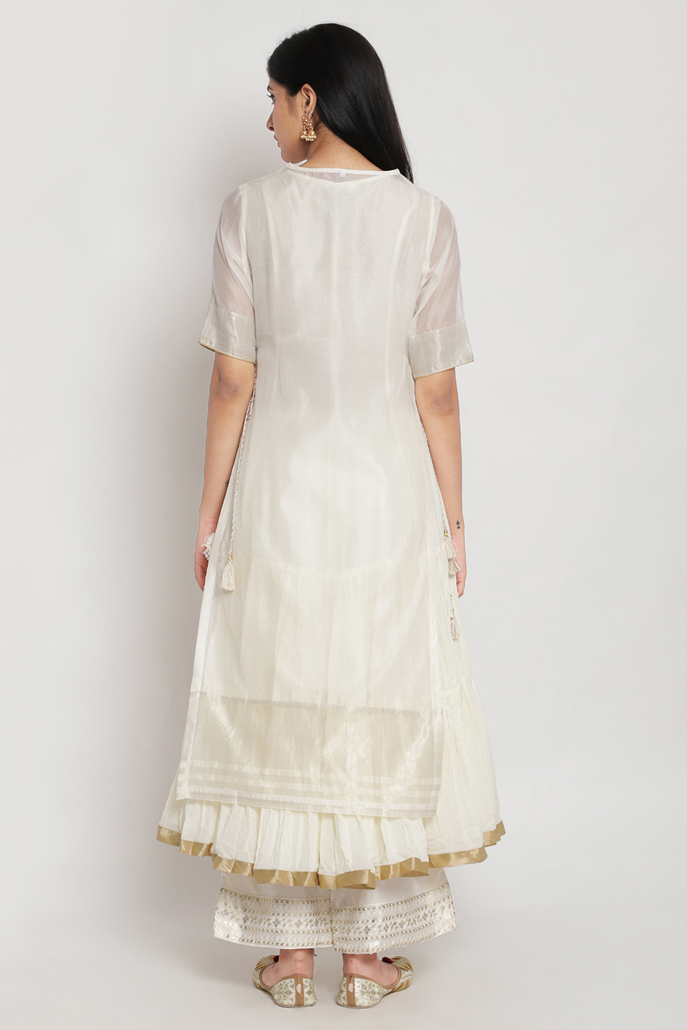 Off White Poly Metallic Cotton Yarndyed Kurta image number 5