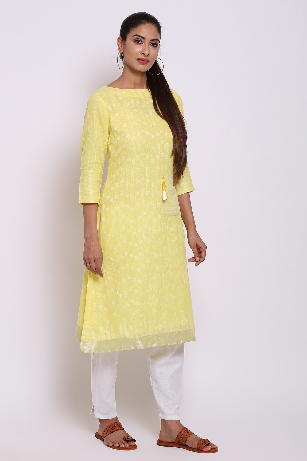 Yellow Viscose Cotton A-Line Yarndyed Kurta image number 4