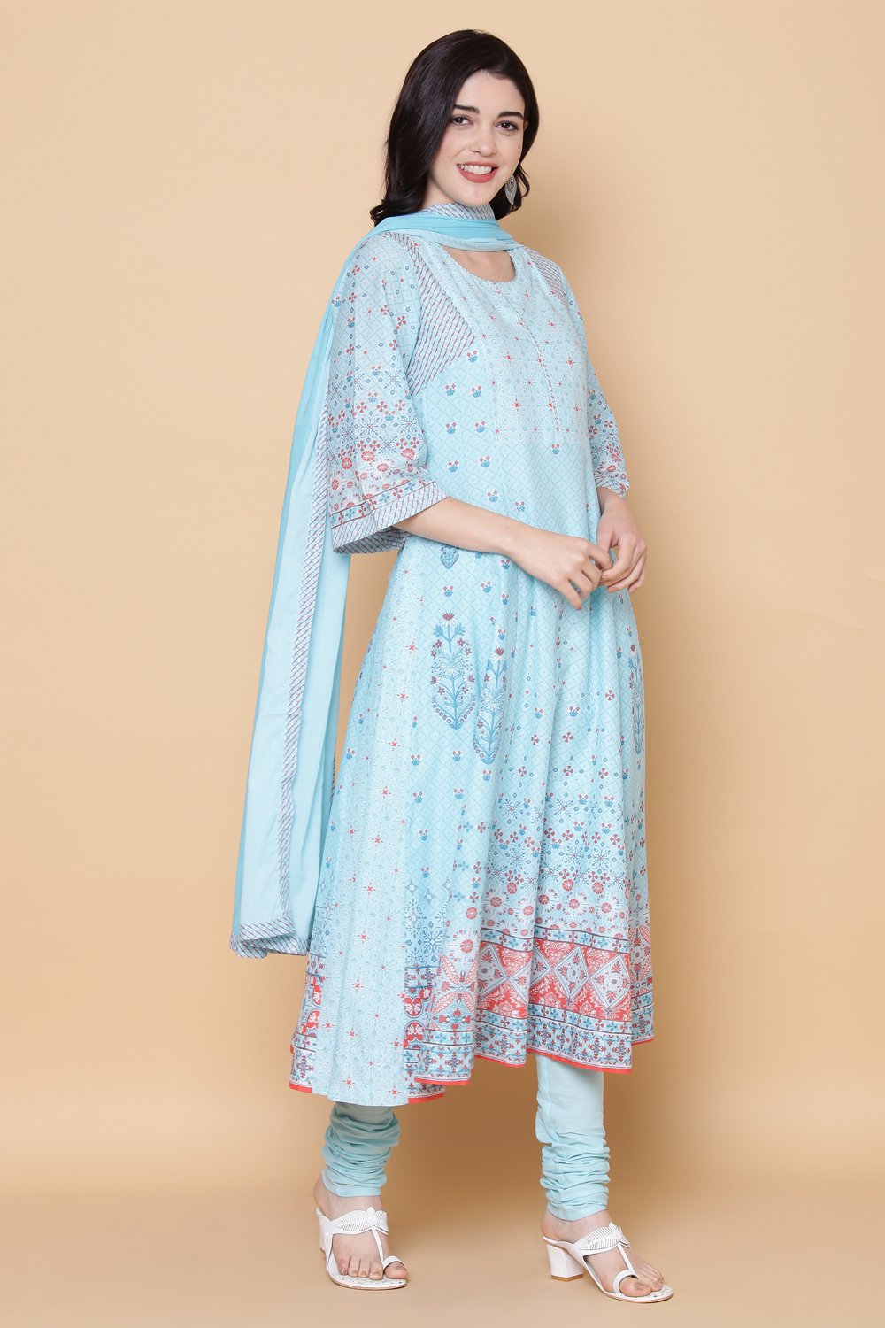 Turquoise Cotton Kalidar Kurta Churidar Suit Set image number 6