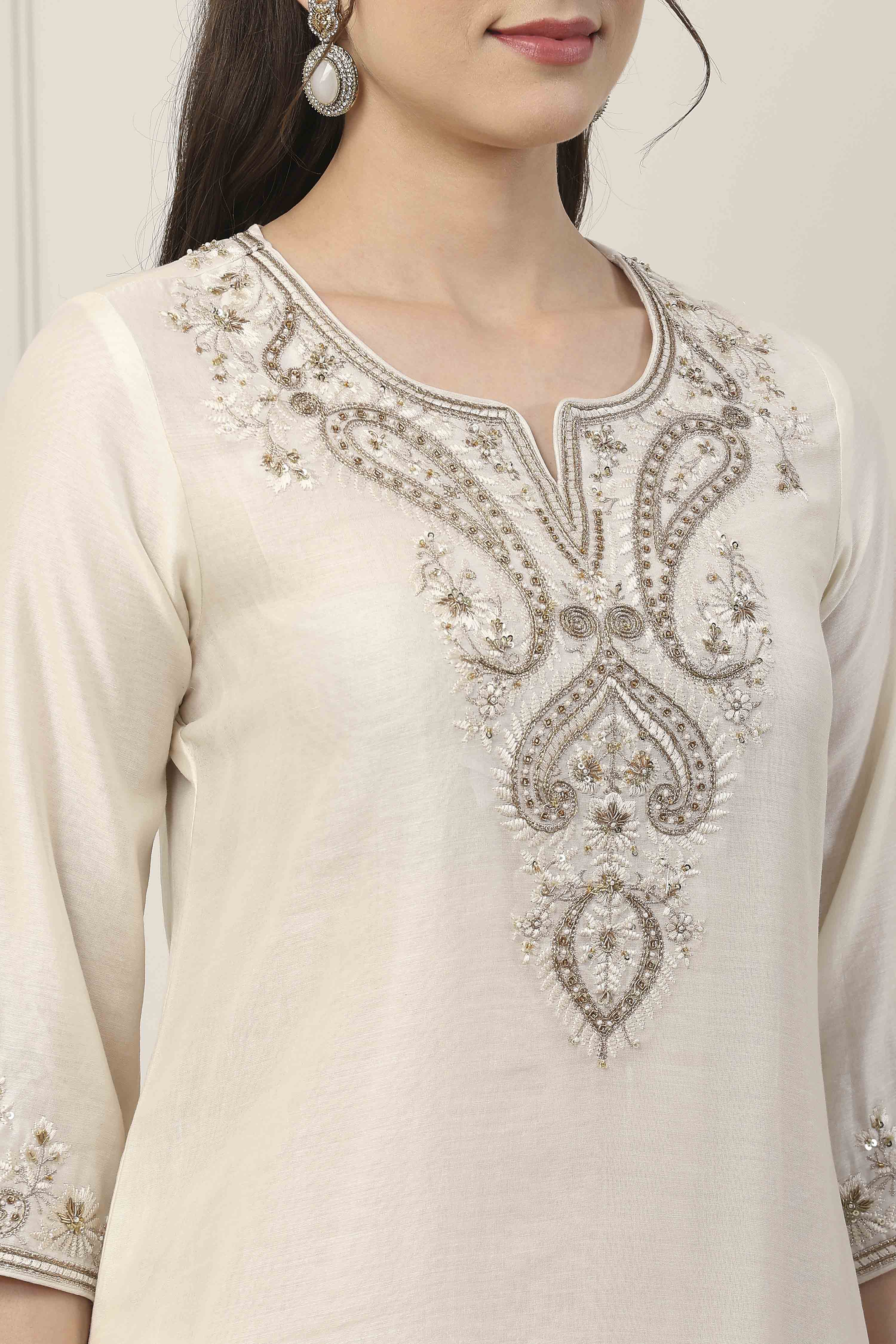 White Silk Chanderi Straight Suit Set image number 1