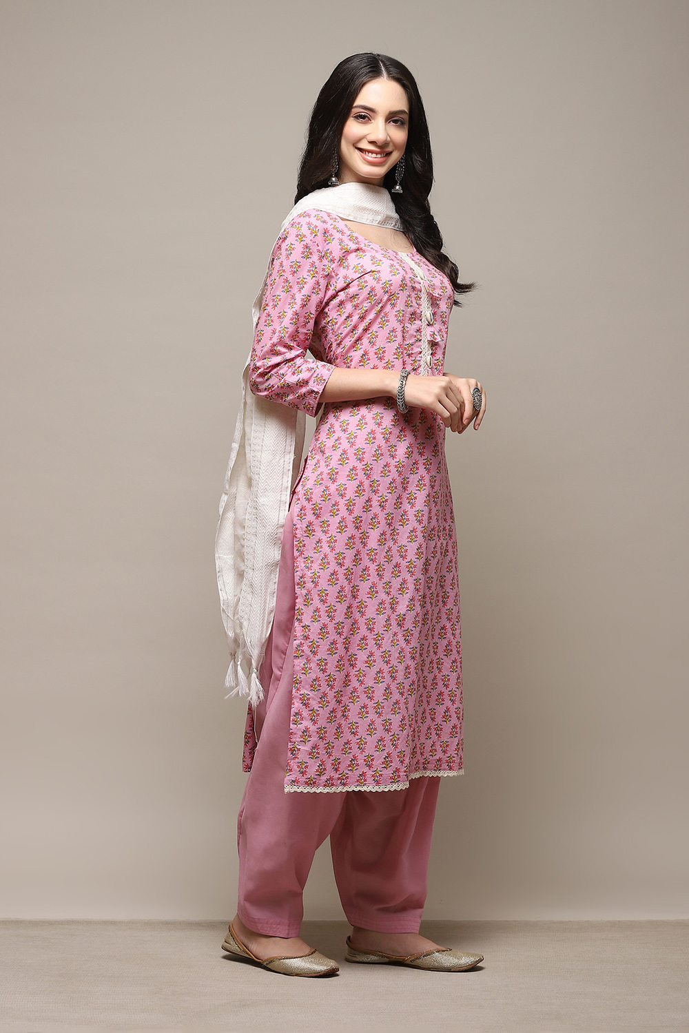 Peach Cotton Handloom Unstitched Suit Set image number 7