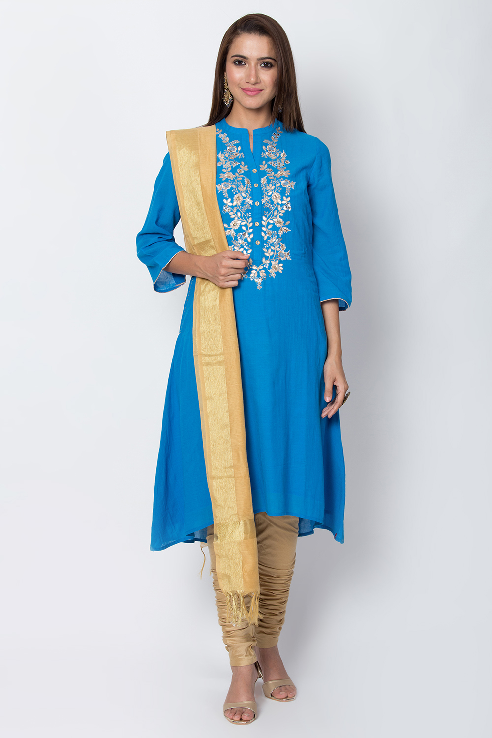 Blue Cotton And Viscose A-Line Solid Kurta image number 2