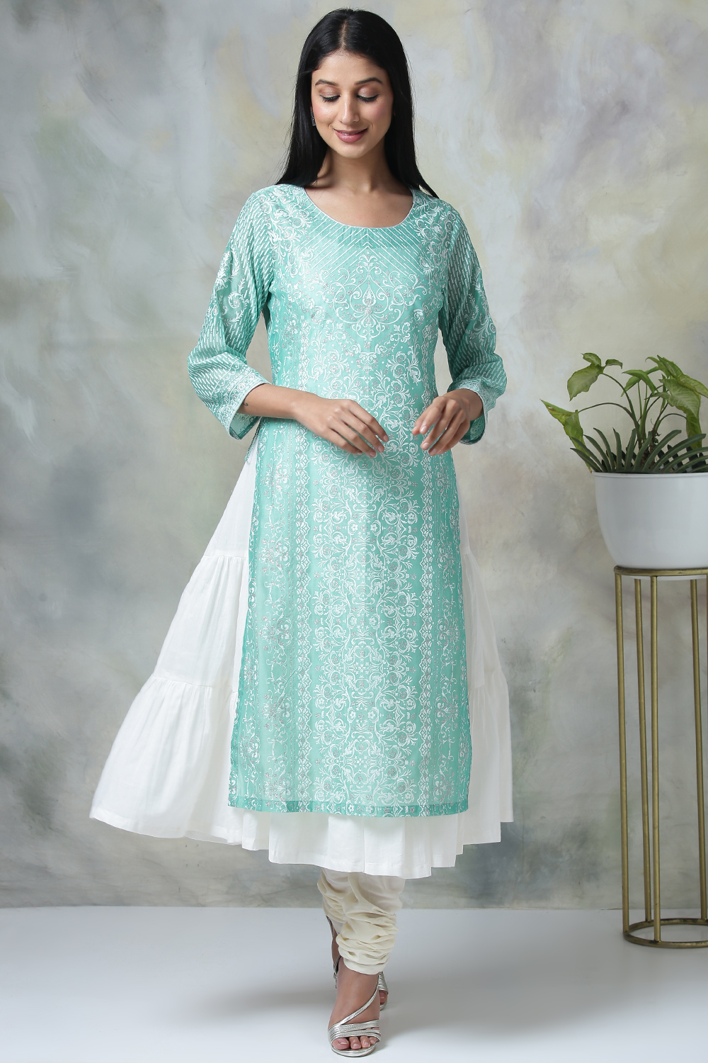 Mint Poly Cotton Double Layered Printed Kurta image number 0