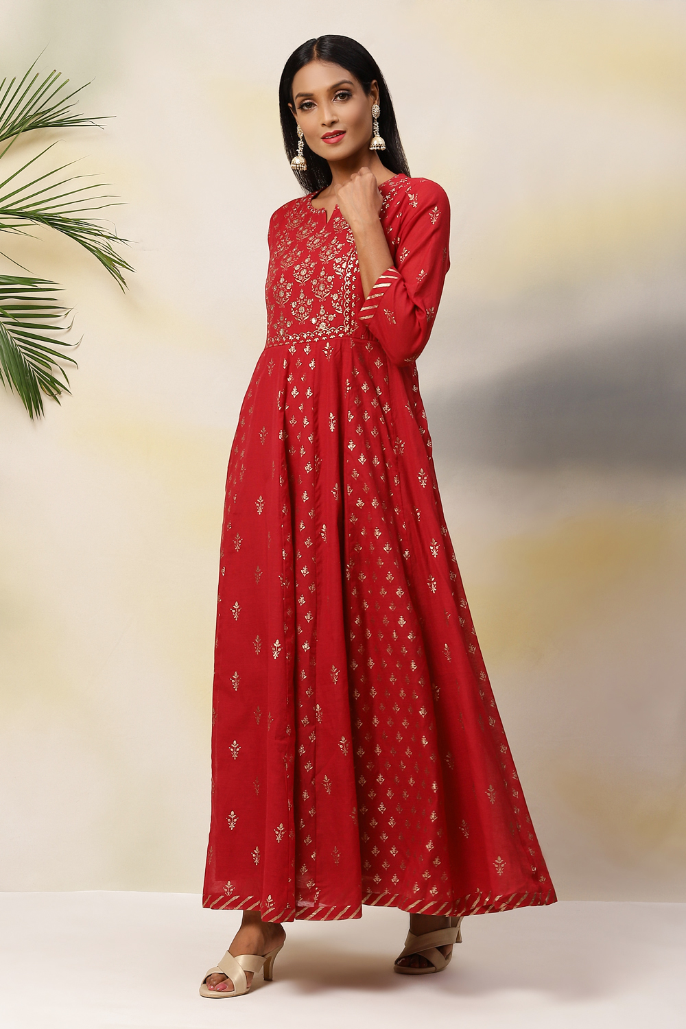 Deep Red Flared Poly Cotton Fusion Wear Dress image number 3