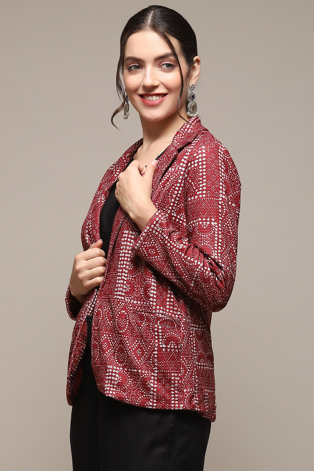 Maroon Poly Spandex Printed Jacket image number 2