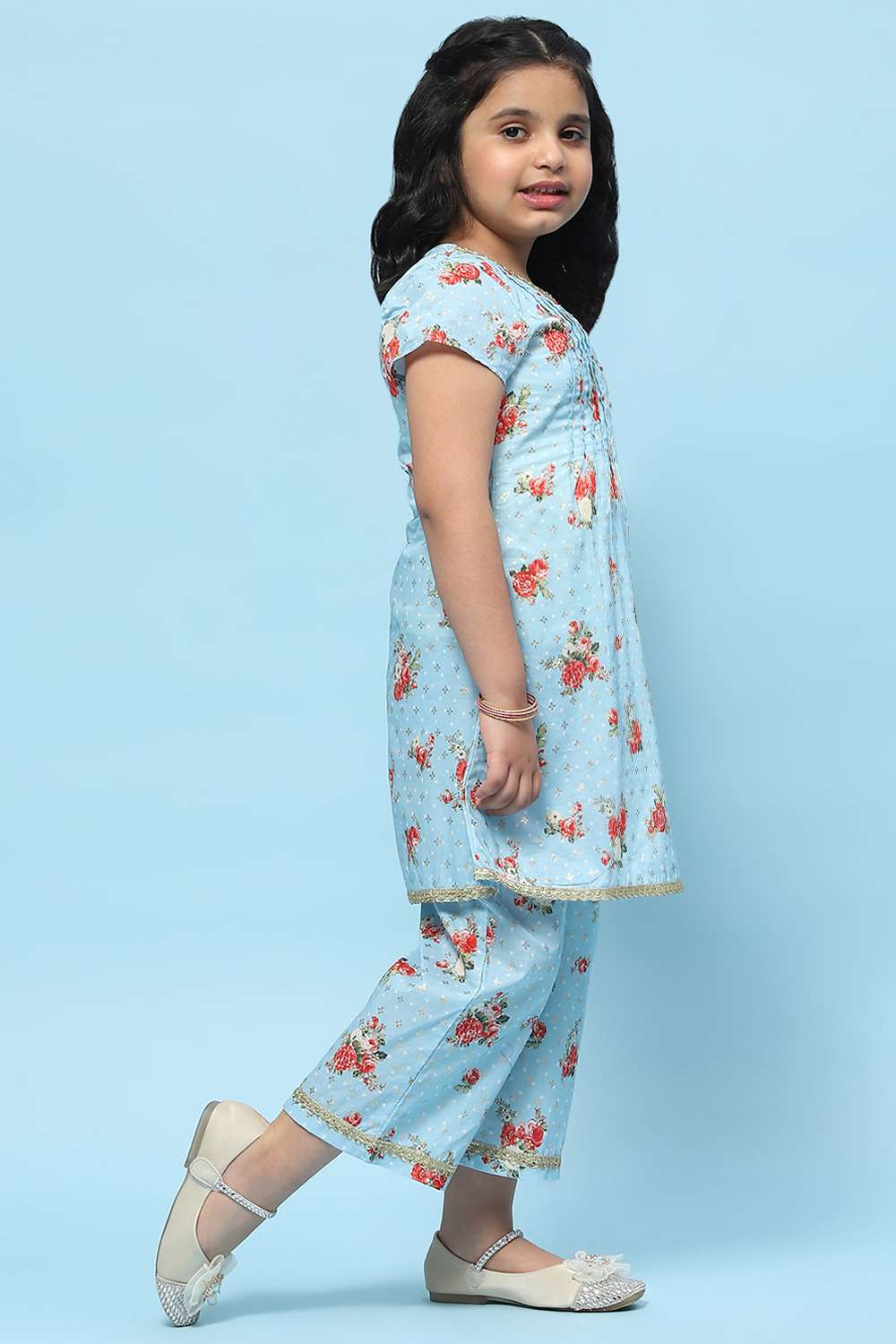 Blue Cotton Floral Printed A-Line Kurta Set image number 5