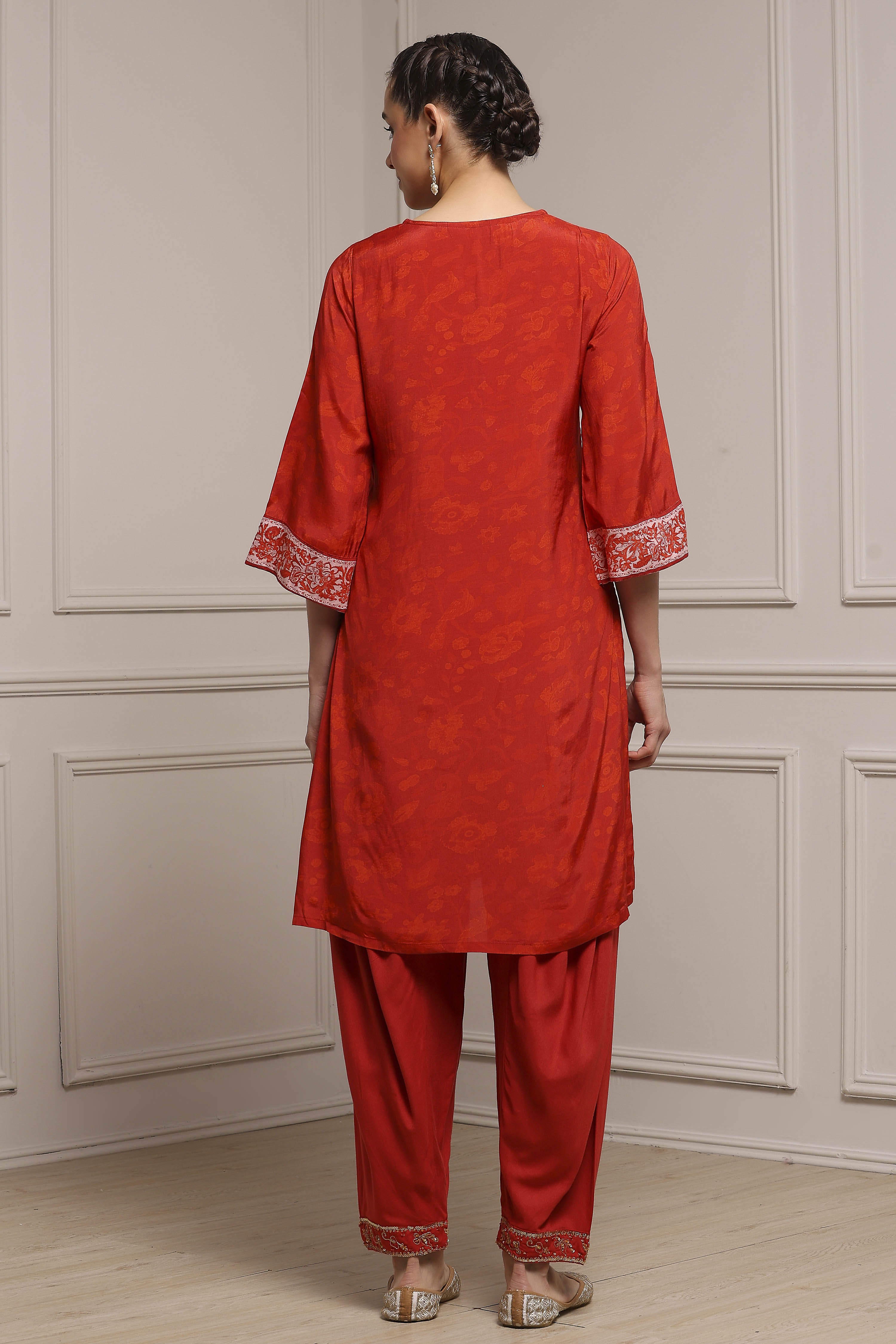 Burnt Orange Viscose Blend Straight Printed Suit Set image number 4