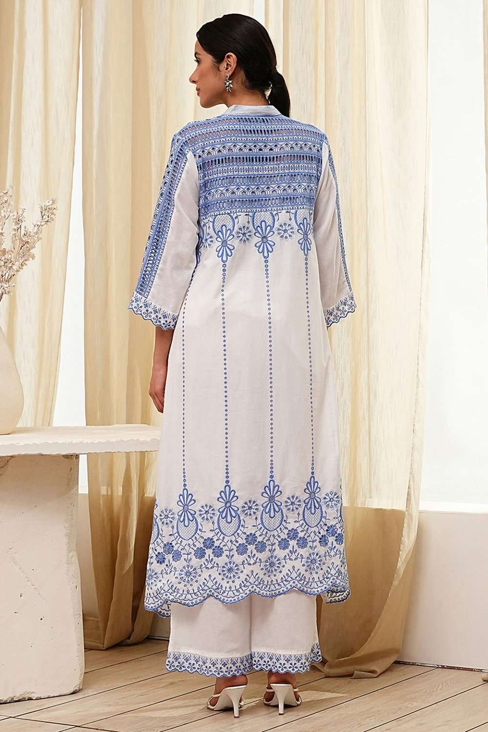 White and Red Cotton Asymmetric Suit Set image number 4