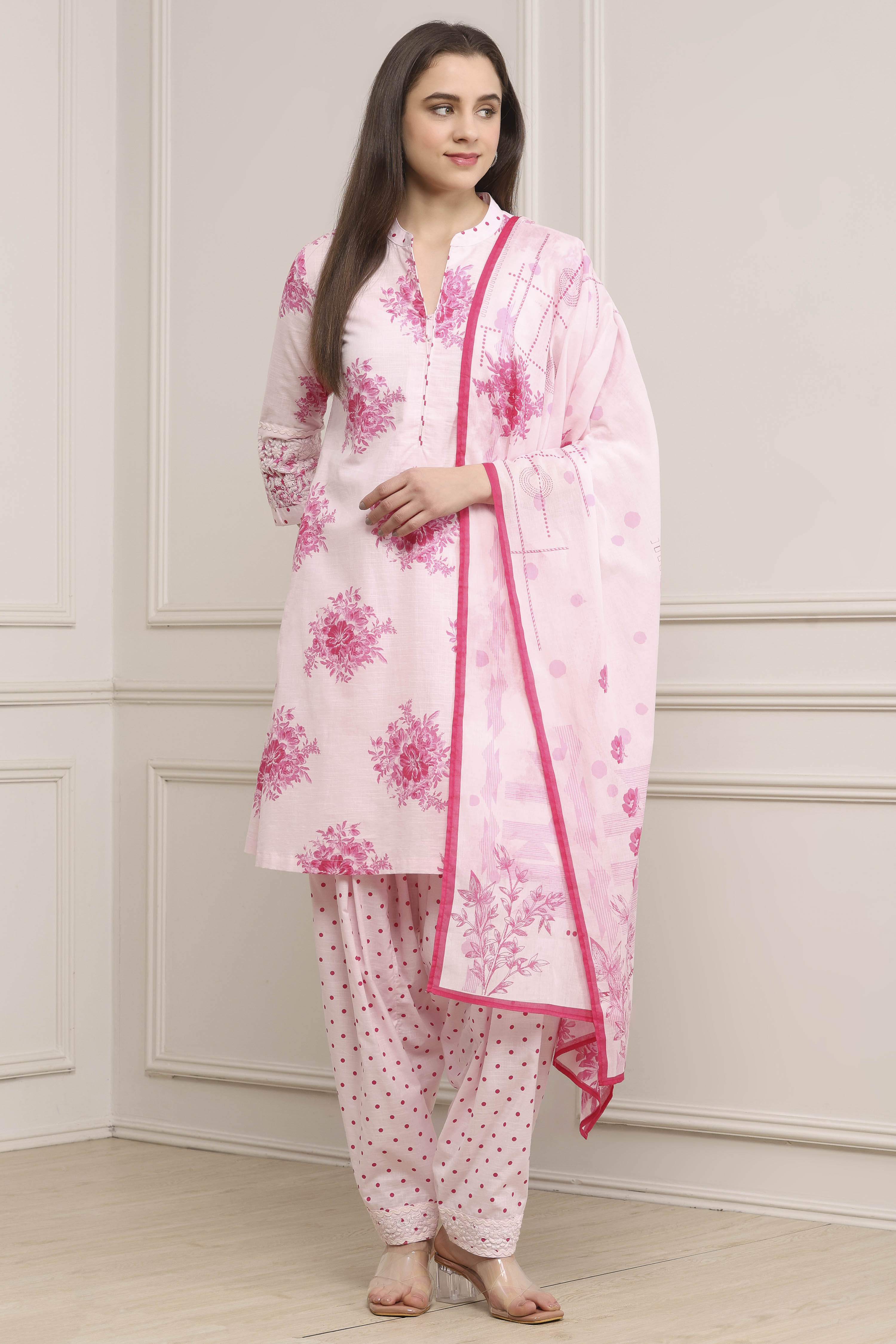 Pink Cotton Printed Straight Salwar Suit Set image number 0