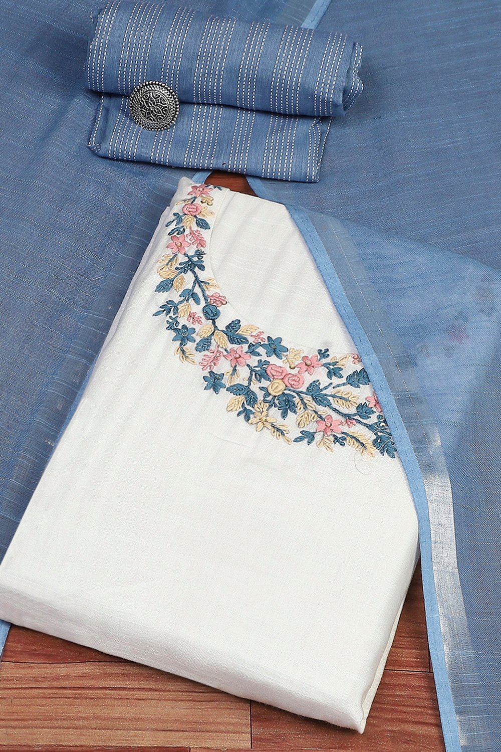 White Linen Hand Embroidered Unstitched Suit Set image number 0